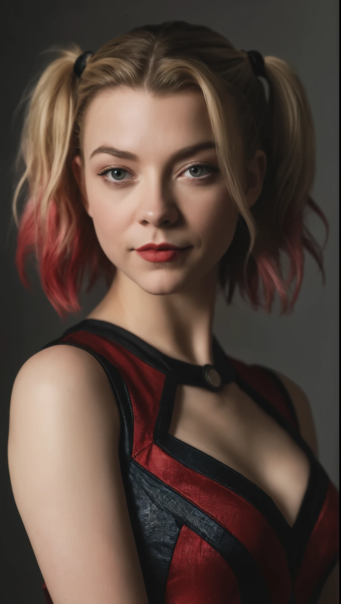 A portrait photo of Natalie Dormer dressed as Harley Quinn, tips of hair dyed black and red, wearing a mini dress, f /2.8, Canon, 85mm,cinematic, high quality, skin texture, looking at the camera 