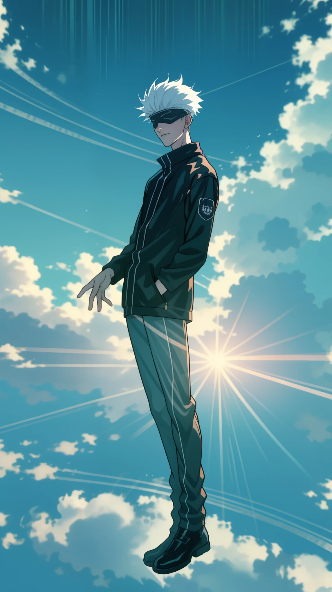 1boy, full body shot, perfect hand and fingers, satoru gojo, blindfold, black outfit, white hair, look at sky, smirk, red and blue moon city night background, wallpaper, cinematic,High resolution 8K, Bright light illumination, lens flare, sharpness, masterpiece, top-quality, The ultra -The high-definition, high resolution, extremely details CG, Anime style, Film Portrait Photography,masterpiece,hyperdetail