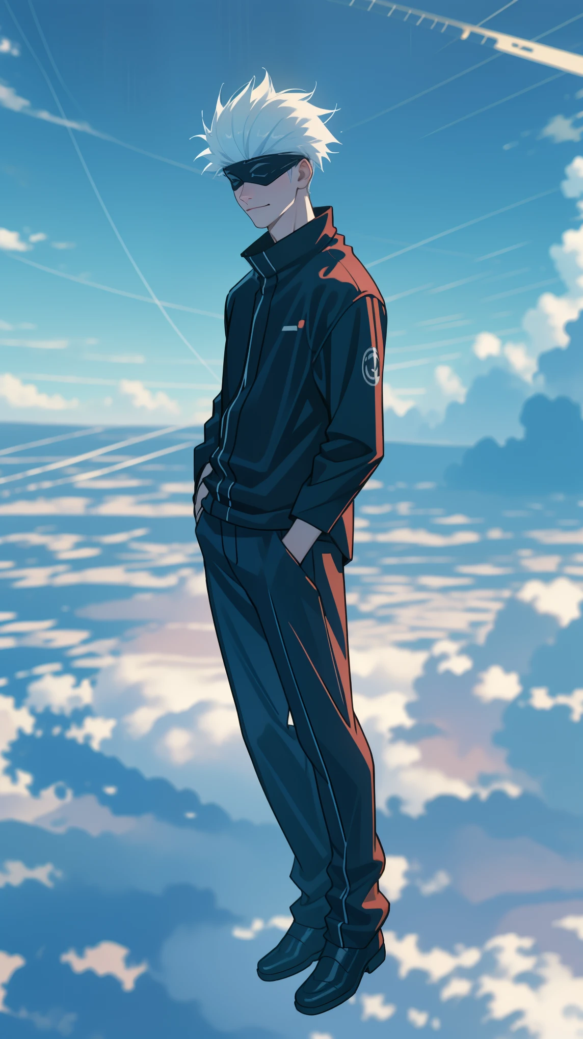 1boy, full body shot, perfect hand and fingers, satoru gojo, blindfold, black outfit, white hair, look at sky, smirk, red and blue moon city night background, wallpaper, cinematic,High resolution 8K, Bright light illumination, lens flare, sharpness, masterpiece, top-quality, The ultra -The high-definition, high resolution, extremely details CG, Anime style, Film Portrait Photography,masterpiece,hyperdetail