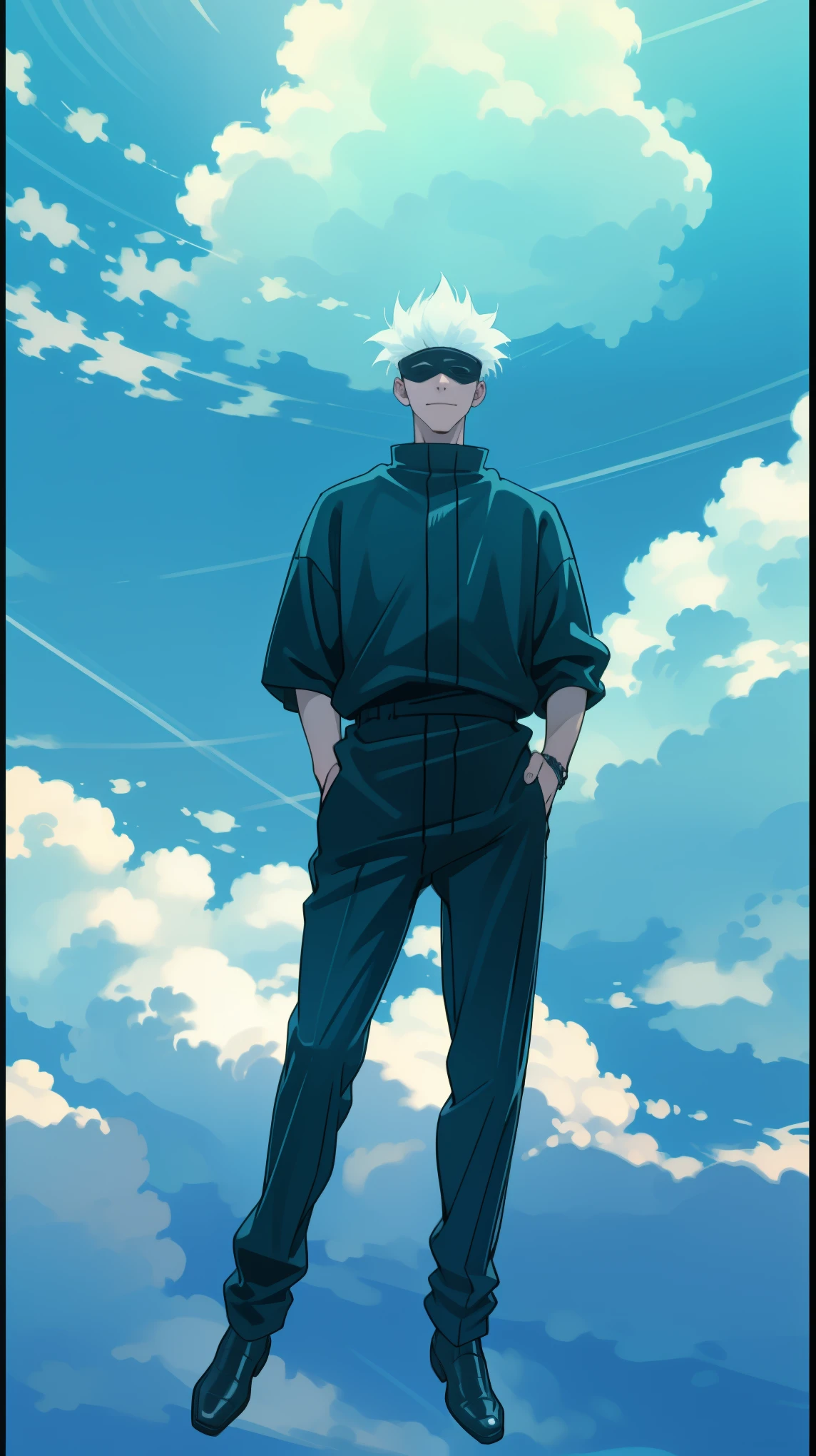 1boy, full body shot, perfect hand and fingers, satoru gojo, blindfold, black outfit, white hair, look at sky, smirk, red and blue moon city night background, wallpaper, cinematic,High resolution 8K, Bright light illumination, lens flare, sharpness, masterpiece, top-quality, The ultra -The high-definition, high resolution, extremely details CG, Anime style, Film Portrait Photography,masterpiece,hyperdetail