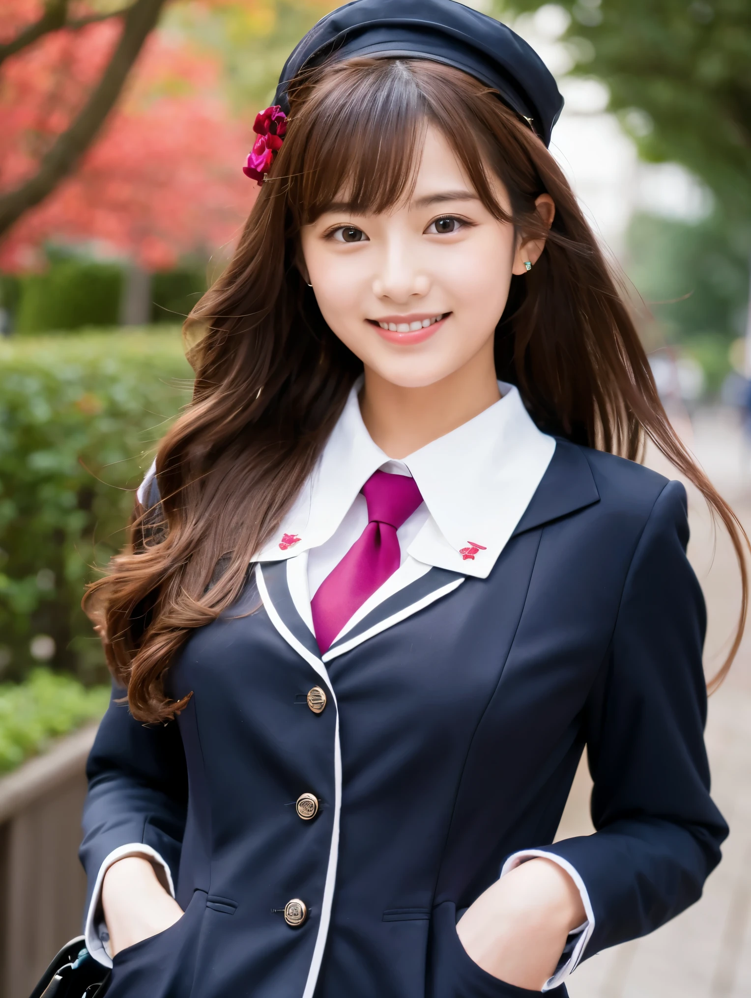 highest quality,best image,Japanese,big breasts,long brown hair,beautiful girl,smile,Leather uniforms