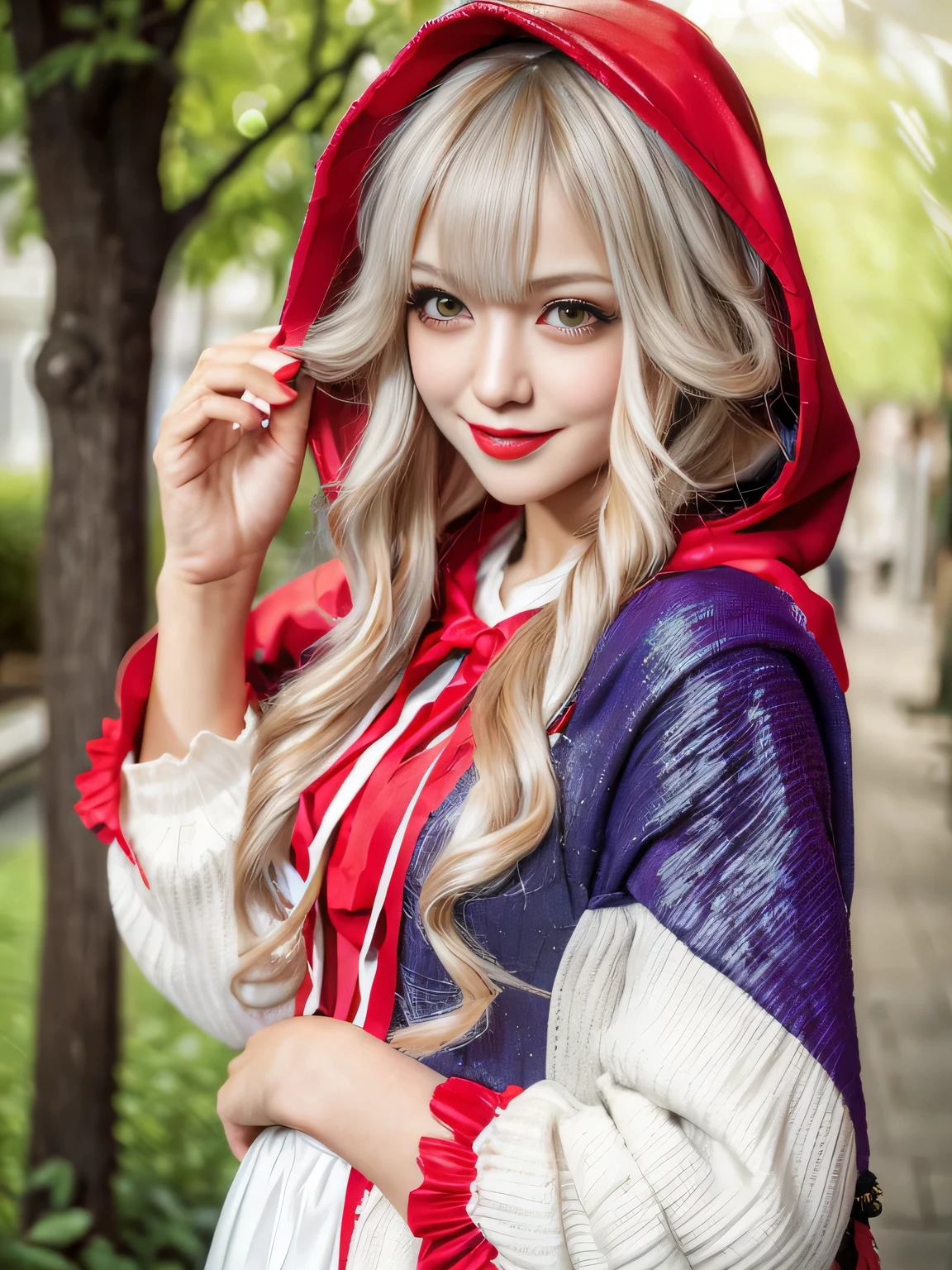 (realistic:2),(masterpiece:2), (highest quality:2),(High-definition face drawing:1.3),(RAW photo:1.3),(everything is beautiful and perfectly balanced), (Smile of a very happy age girl:1.2),(thank you for the wonderful world:1.2),(small face:1.2), (dynamic pose:1.5), (multicolored hair:1.2), (in the style of glitch:1.3), (loliashion:1.3), (Little Red Riding Hood: 1.2), (Wearing a red riding hood: 1.1), (Delicate dress), (Red riding hood and cloak are connected), (Blonde hair: 1.2), (Fairy tale world feeling: 1.1), (Place the wicker basket on the ground:1), (A garden with multiple flowers blooming, a secret garden:1.2), (cinematic natural light effects:1.2), gal.safetensors, GirlfriendMix2:1