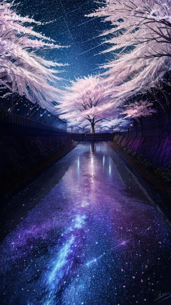 Describe the scene with the giant glowing cherry tree., starry sky,Colorful nebulae and your favorite constellations,There are no people,background only,milky way,Cherry blossom trees