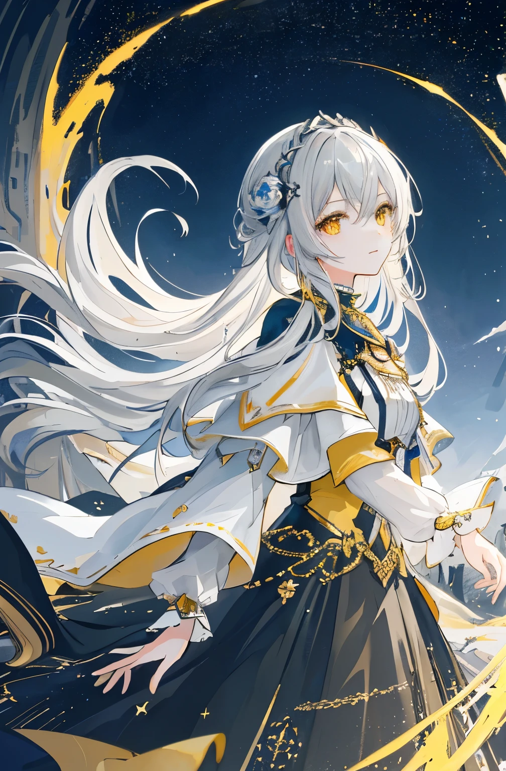 ((masterpiece)), ((highest quality)), (wonderful desinger), (best artist), (Most frequently painted landscapes), (best performance), (4K Full HD), (HDR+), (1 girl) and (length) gray hair, (shining yellow eyes), in a landscape on the side and (wonderful) Starry sky with artistic and cinematic tones -- MeinaPastel style --v5 (anime illustration),