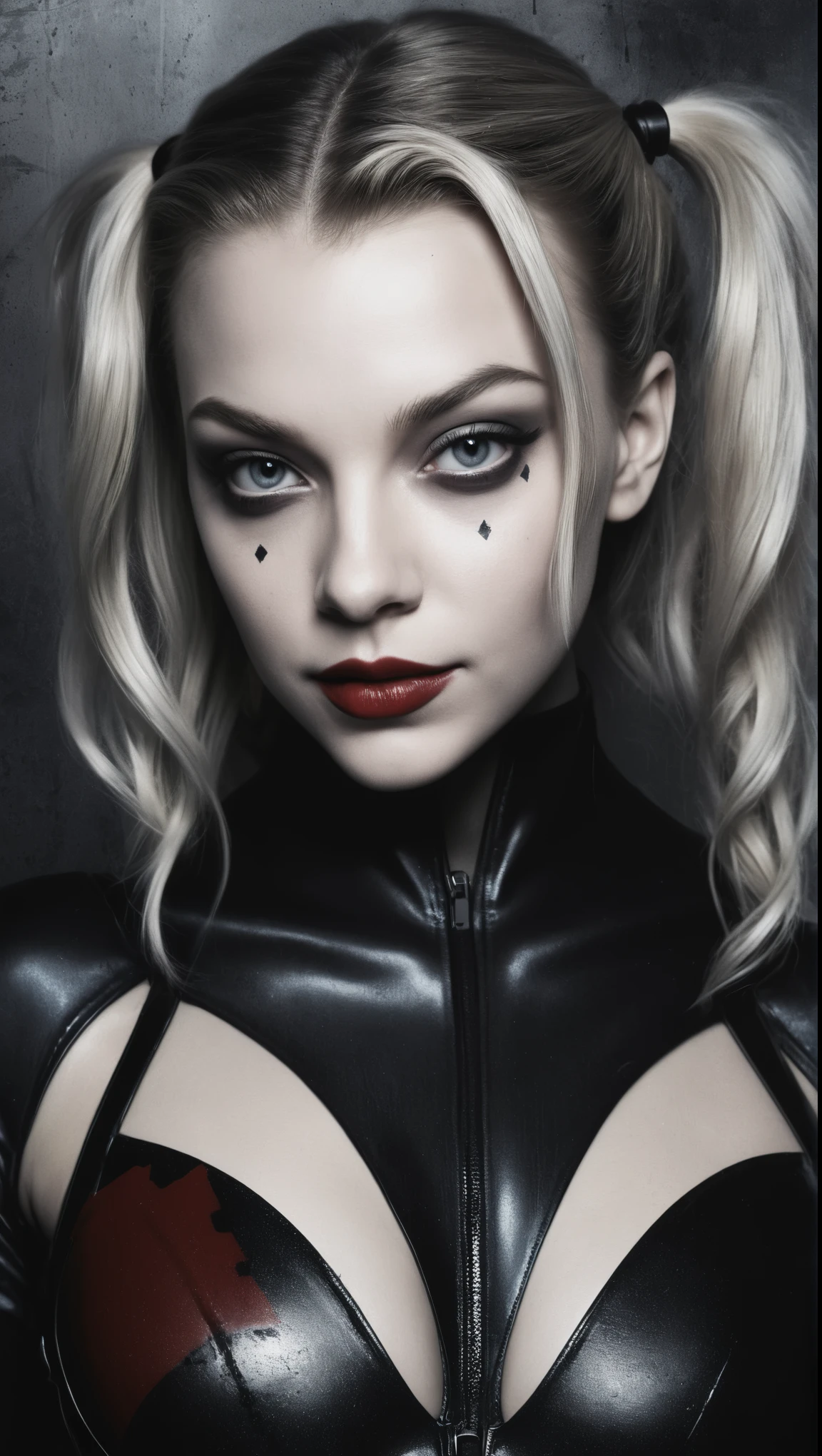 An illustrated movie poster of Natalie Dormer dressed as Harley Quinn, wearing a black morph suit, f /2.8, cinematic, high quality, skin texture, looking at the camera  hard shadows, graphite shading, stencil marks, airbrushed acrylic paint, masterpiece 