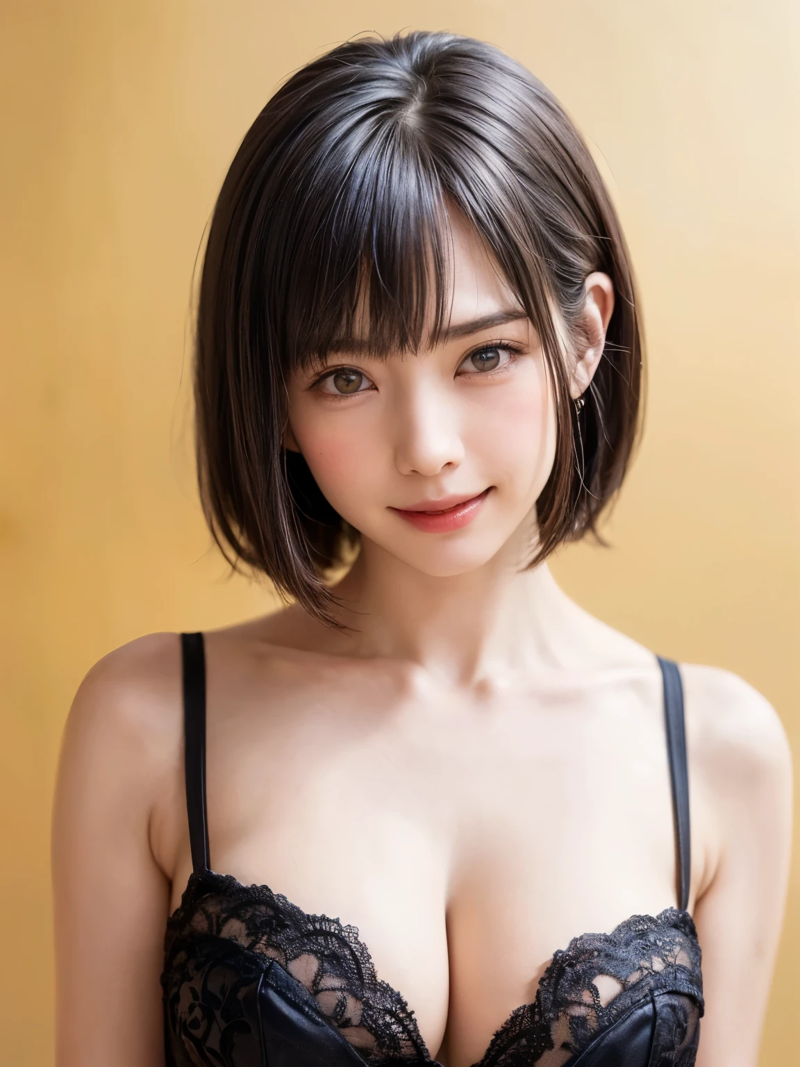 (table top, highest quality、ultra high resolution、face focus focus、Focus on the side、navel focus、decolletage focus、very attractive beauty、Add intense highlights to your eyes、look closely at the camera:1.4、Absolutely beautiful bangs:1.4、Brunette short bob hair with bangs:1.4),1 girl, Report, black haired, realistic, looking at the viewer, pale black eyes, short hair, lips, lip gloss, Upper body、Big eyes、eyelash)、((italian natural background、hyper real stick:1.4))、((short hair with bangs:1.4、Beautiful bangs with 46 points:1.4、{Huge|big|Hugeな|mega} chest:2, cleavage:2、Big eyes、Give your students very powerful highlights、very bigger chest、look at the audience、very beautiful beauty、show me your ears、Beautiful long neck、beautiful decollete、smile、A smilee beautiful teeth、Open your mouth and smilee))、28 years old、very cute super model、perfect anatomy