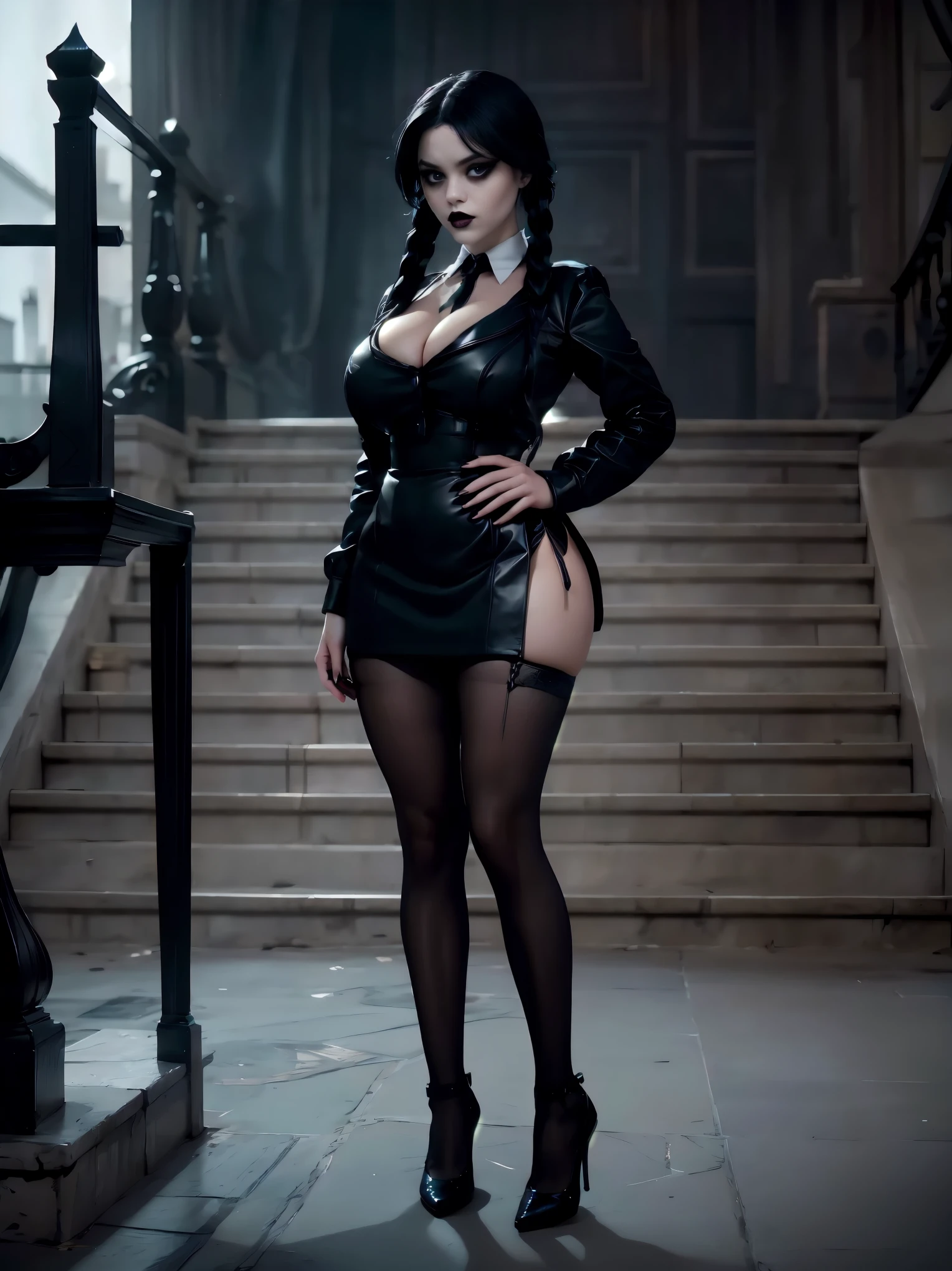 1 girl,Wednesday Addams,gothgirl, fitnes , grey background, big ass,huge breasts,((full body))) , (((sexy pose, model pose, standing pose)))ruined black makeup, black lipstick,