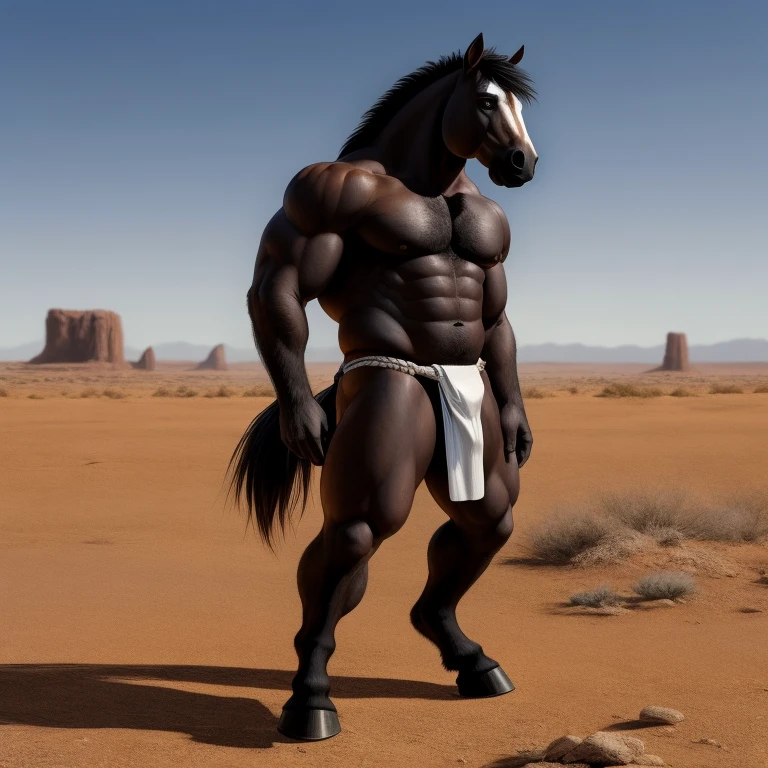 Furry, Antro, Equine, loincloth, hooves, Black, White, Solo, horse, fundoshi white, bulto macho, desert, Fundoshi white, detallado, cuerpo completo