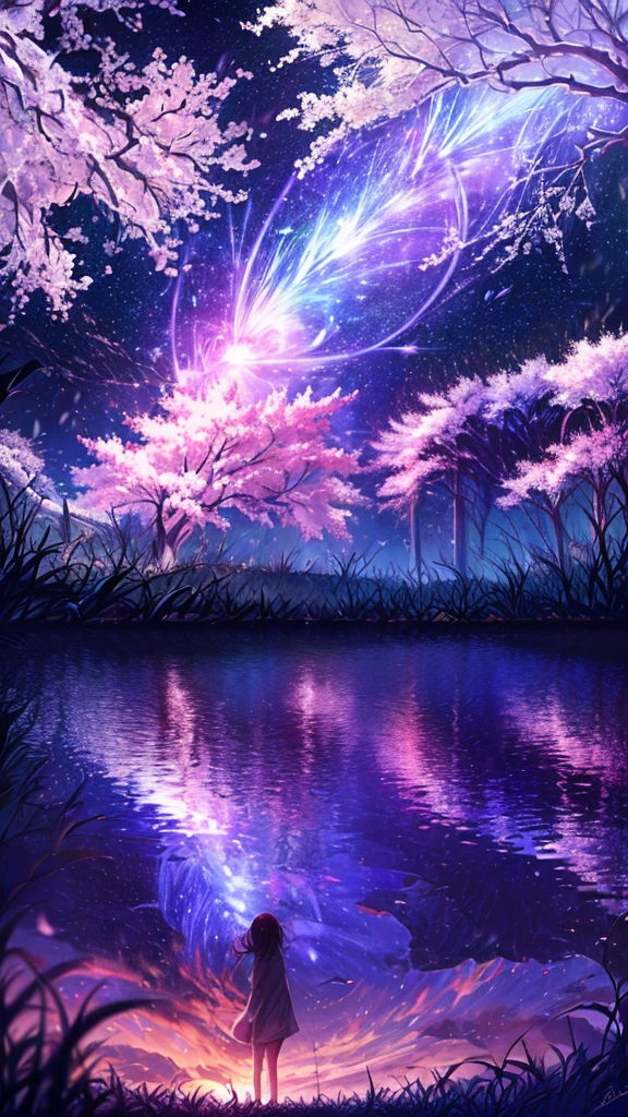 Describe the scene with the giant glowing cherry tree., starry sky,Colorful nebulae and your favorite constellations,There are no people,background only,milky way,Cherry blossom trees