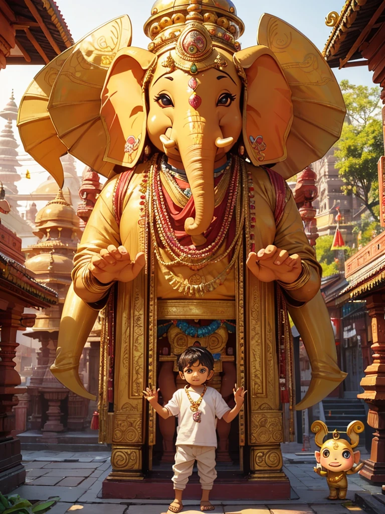 Cute ganesha elephant boy, pop mart, golden armor, big eyes, character front view, waving moves, brown color palette, temple, india, chennai, surrounded by colorful flowers, on warm old temple background, sun, rich details, pixar, 3d,