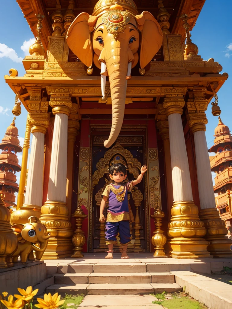 Cute ganesha elephant little boy, pop mart, golden armor, big eyes, character front view, waving moves, brown color palette, temple, india, chennai, surrounded by colorful flowers, on warm old temple background, sun, rich details, pixar, 3d,