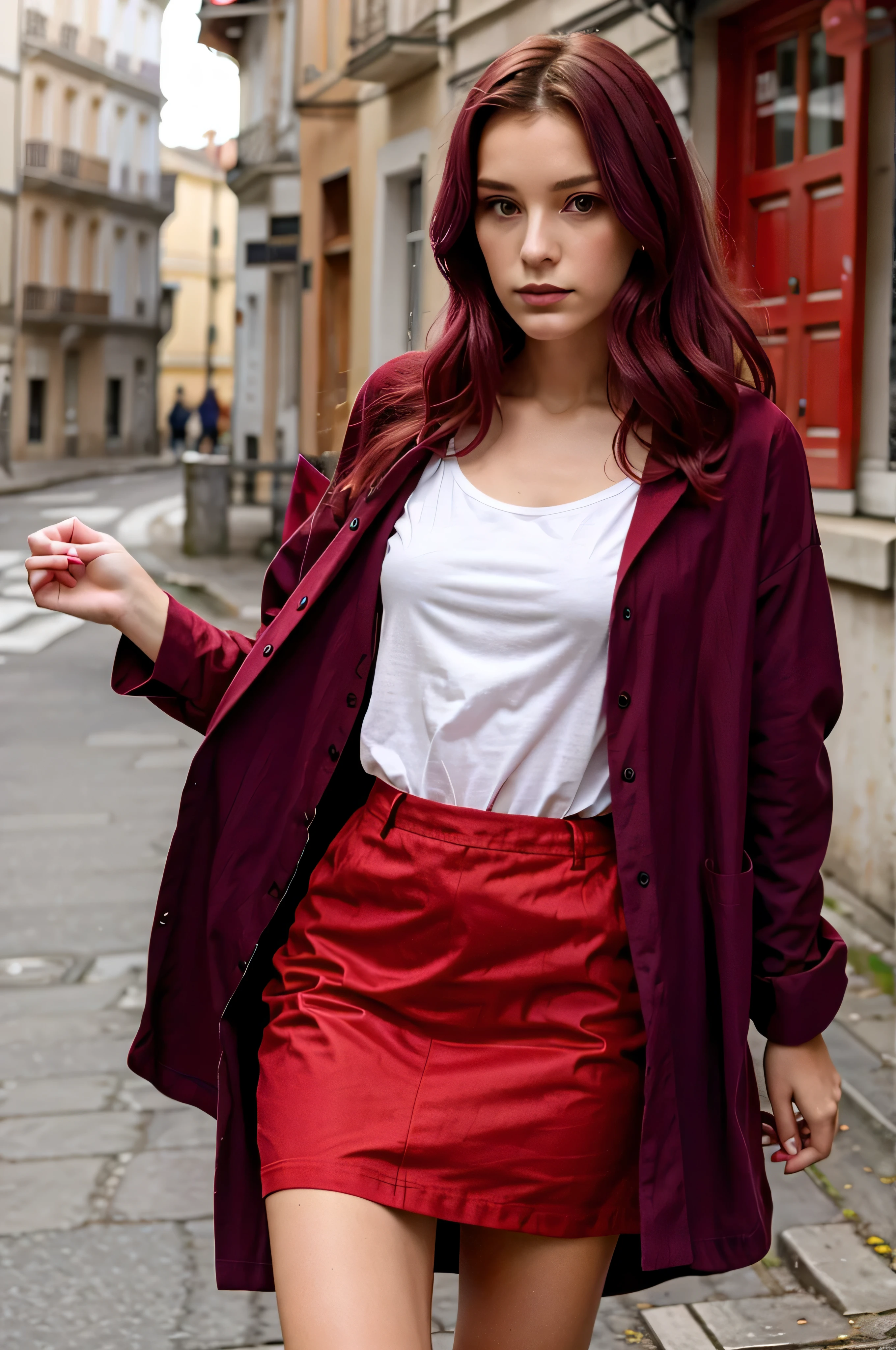 jeune fille de 20 ans au cheveux tres long violet avec une veste ROUGE, habiller en ROUGE, vetue de ROUGE, OUTFIT RED, une tenue rouge, tshirt rouge RED rouge, habiller rouge mode, robe rouge, tenue vestimentaire rouge