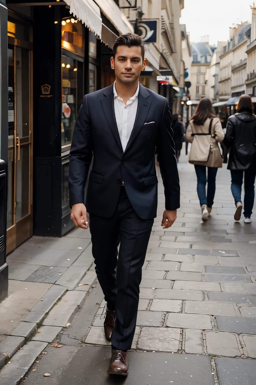 a young man 37 years old in beautiful fashionable clothes walks on the street of Paris