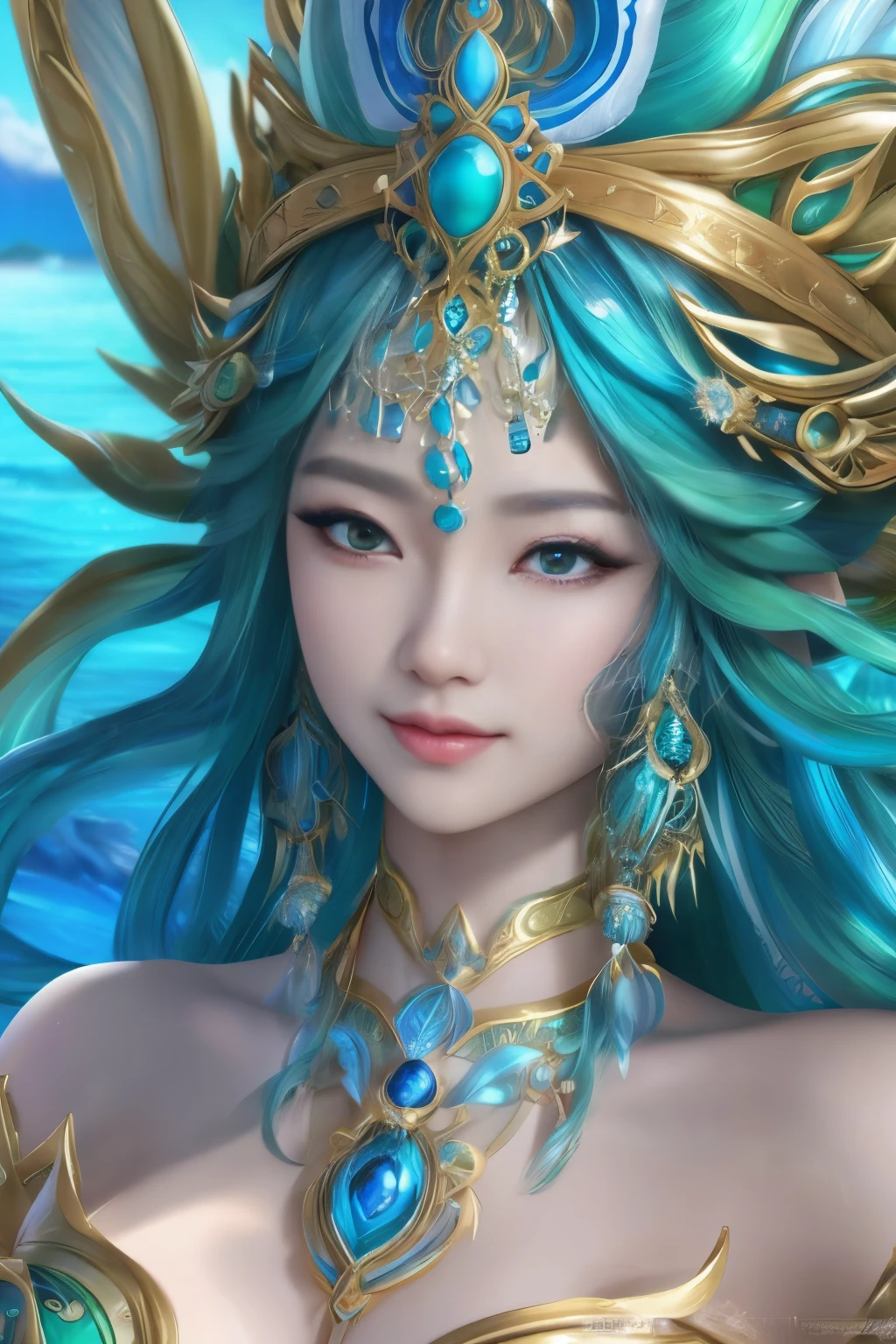 Hyper-realistic portrait of a Japanese girl dressed as Kadita, the Ocean Goddess, intricate and detailed outfit with blue and green colors, close-up, shallow depth of field, soft lighting, high resolution, accurate representation, unique, creative, well-lit, clear details, Canon EOS R5, 85mm lens, f/1.2, elegant, refined, sophisticated, well-composed, powerful
