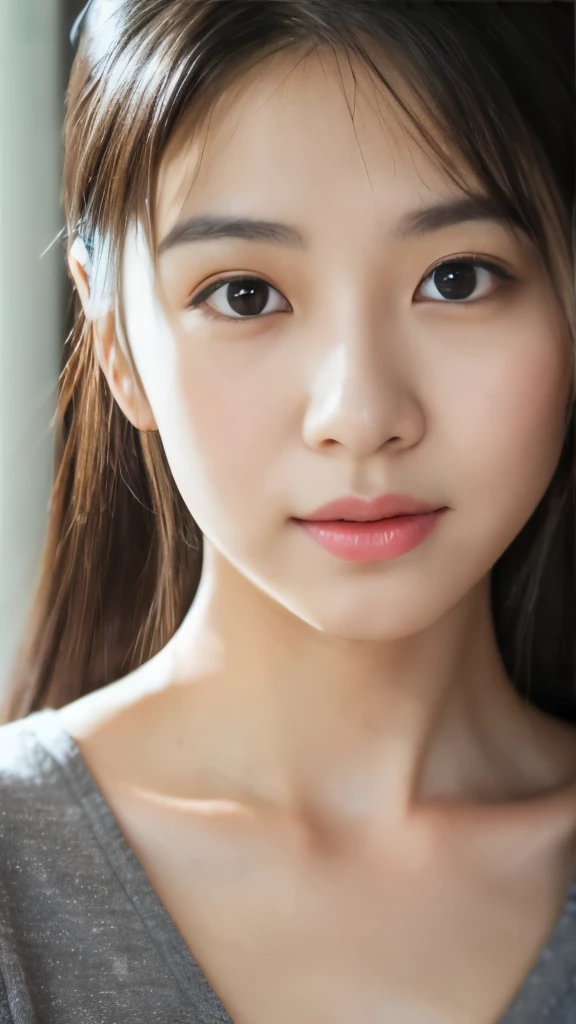 (Highly detailed CG Unity 8K wallpaper, highest quality, Super detailed, look at the camera:1.2, light shines on your face:1.5, gray background, professional lighting), 26 year old Japanese woman. Her straight black hair reaches past her shoulders.、revealing clothes、hands up、A clean style that suppresses excess curls and creates a neat look around the face.。.[3] Her thin eyebrows complement her gentle brown eyes. She has a small nose and slightly plump lips.. photo&#39;s、her upper body、Photographed with beautiful light shining on the face。.