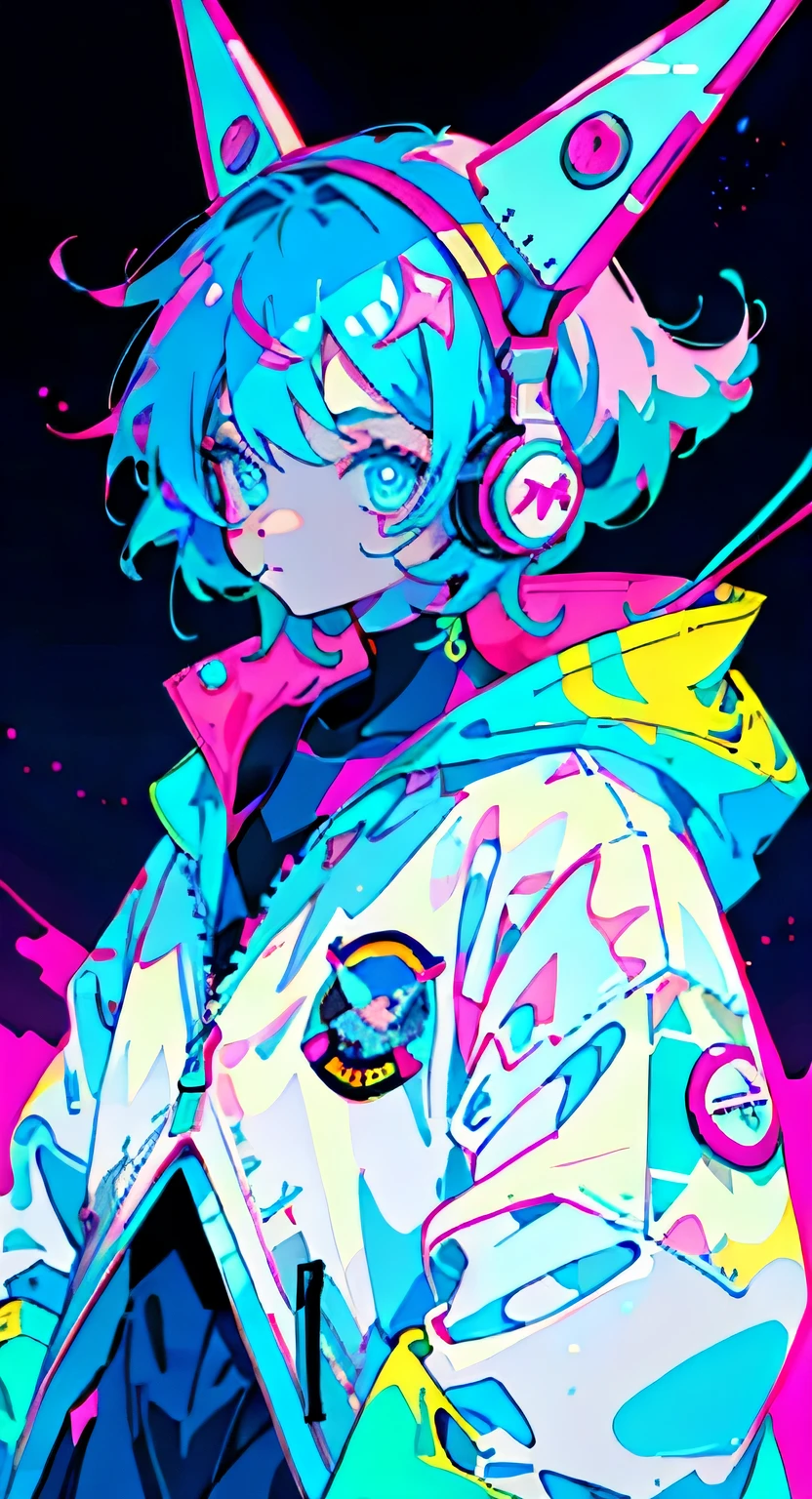 Anime girl with medium length blue hair, Wearing an astronaut suit, neon blue hair, And pink color, scar, sticker, Overall shot in neon style, Cool pose headphones