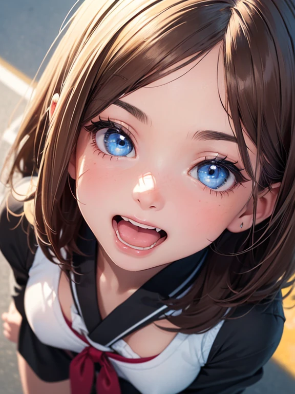 ((1 girl))、((close up of face:1.3))、((upward facing eyes))、((throw))、((ecstatic face:1.3))、((From above:1.2))、crawl on all fours、look up、please open your mouth wide、realistic skin、perfect eyes、highest quality、super resolution、digital illustration、beautiful girl、17 years old、high school girl、Japanese