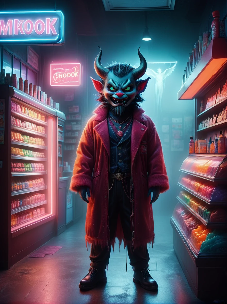 (1Cute Devil Clerk),(Spooky midnight convenience store:1.6),Arrange the goods,Thick fog pervades,Neon lights,Detailed convenience store interior,Mood lighting,Gloomy tones,dramatic shadows,Demon traits,Long claws,fangs,glowing eyes,shabby clothes,Stand behind the counter,dark fantasy,fear,highest quality,8k,high resolution,(master level:1.2),Super details,Realistic,(Photorealism:1.3)