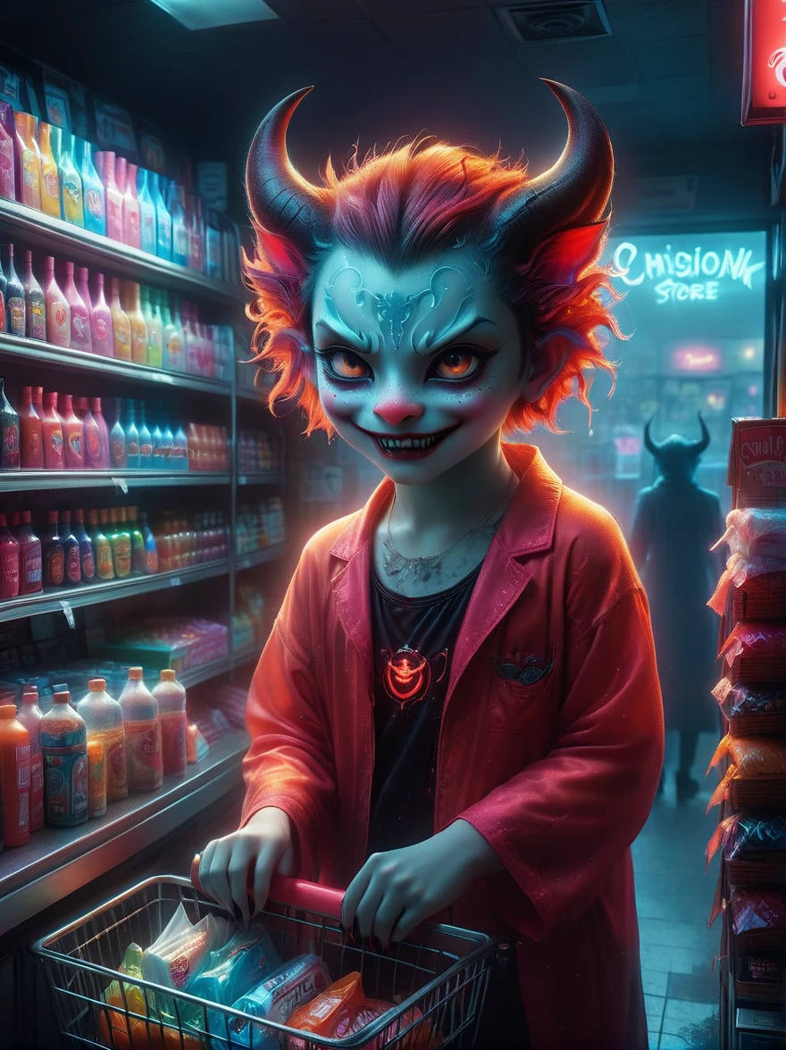 (1Cute Devil Clerk)，(Spooky midnight convenience store:1.6)，Arrange the goods，Thick fog pervades，Neon lights，Detailed convenience store interior，Mood lighting，Gloomy tones，dramatic shadows，Demon traits，Long claws，fangs，glowing eyes，shabby clothes，Stand behind the counter，dark fantasy，fear，highest quality，8k，high resolution，(master level:1.2)，Super details，Realistic，(Photorealism:1.3)
