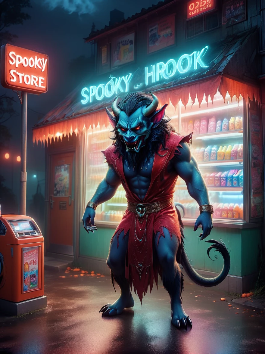 (1Cute Devil Clerk)，(Spooky midnight convenience store:1.6)，Arrange the goods，Thick fog pervades，Neon lights，Detailed convenience store interior，Mood lighting，Gloomy tones，dramatic shadows，Demon traits，Long claws，fangs，glowing eyes，shabby clothes，Stand behind the counter，dark fantasy，fear，highest quality，8k，high resolution，(master level:1.2)，Super details，Realistic，(Photorealism:1.3)
