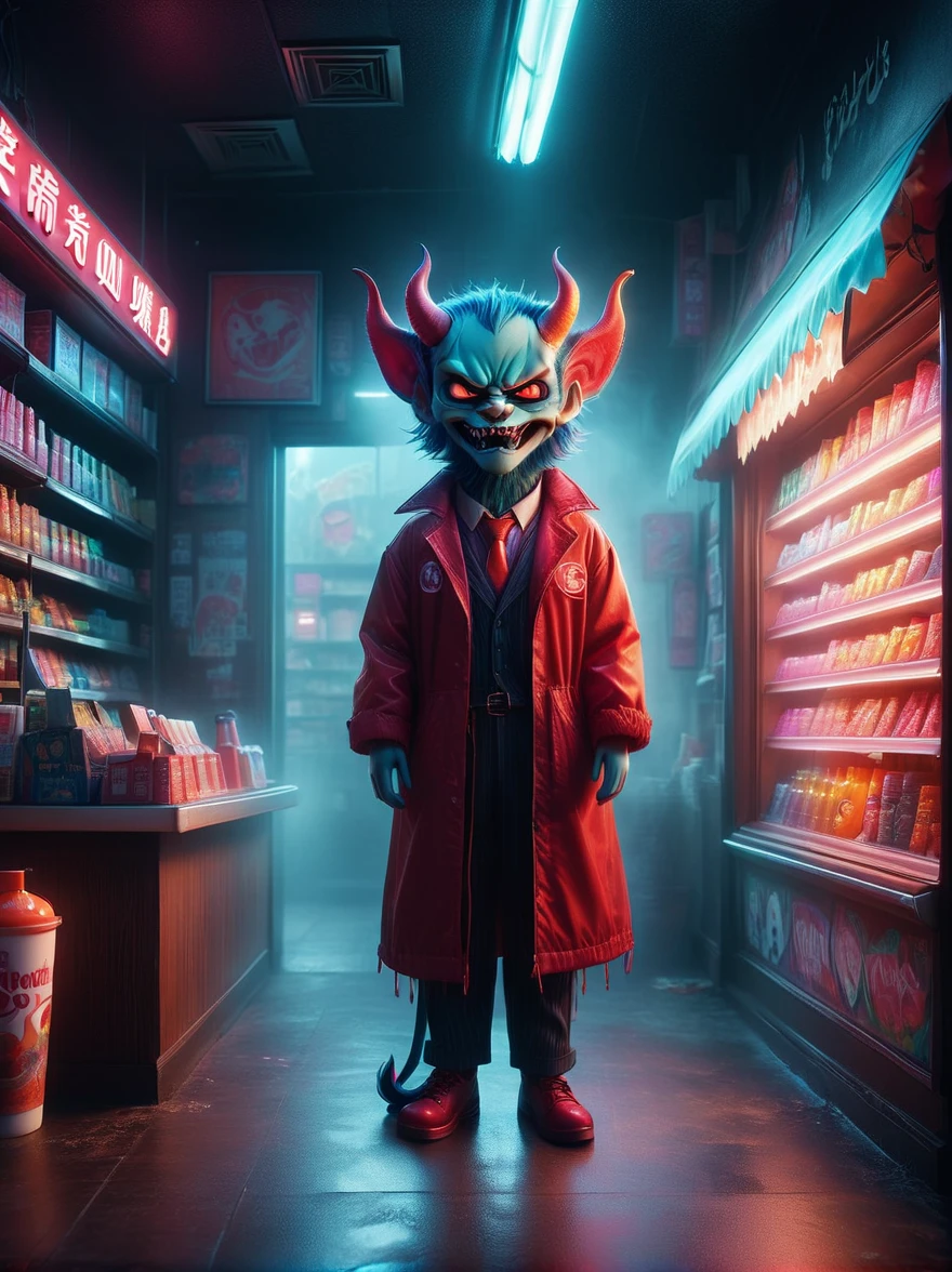 (1Cute Devil Clerk)，(Spooky midnight convenience store:1.6)，Arrange the goods，Thick fog pervades，Neon lights，Detailed convenience store interior，Mood lighting，Gloomy tones，dramatic shadows，Demon traits，Long claws，fangs，glowing eyes，shabby clothes，Stand behind the counter，dark fantasy，fear，highest quality，8k，high resolution，(master level:1.2)，Super details，Realistic，(Photorealism:1.3)