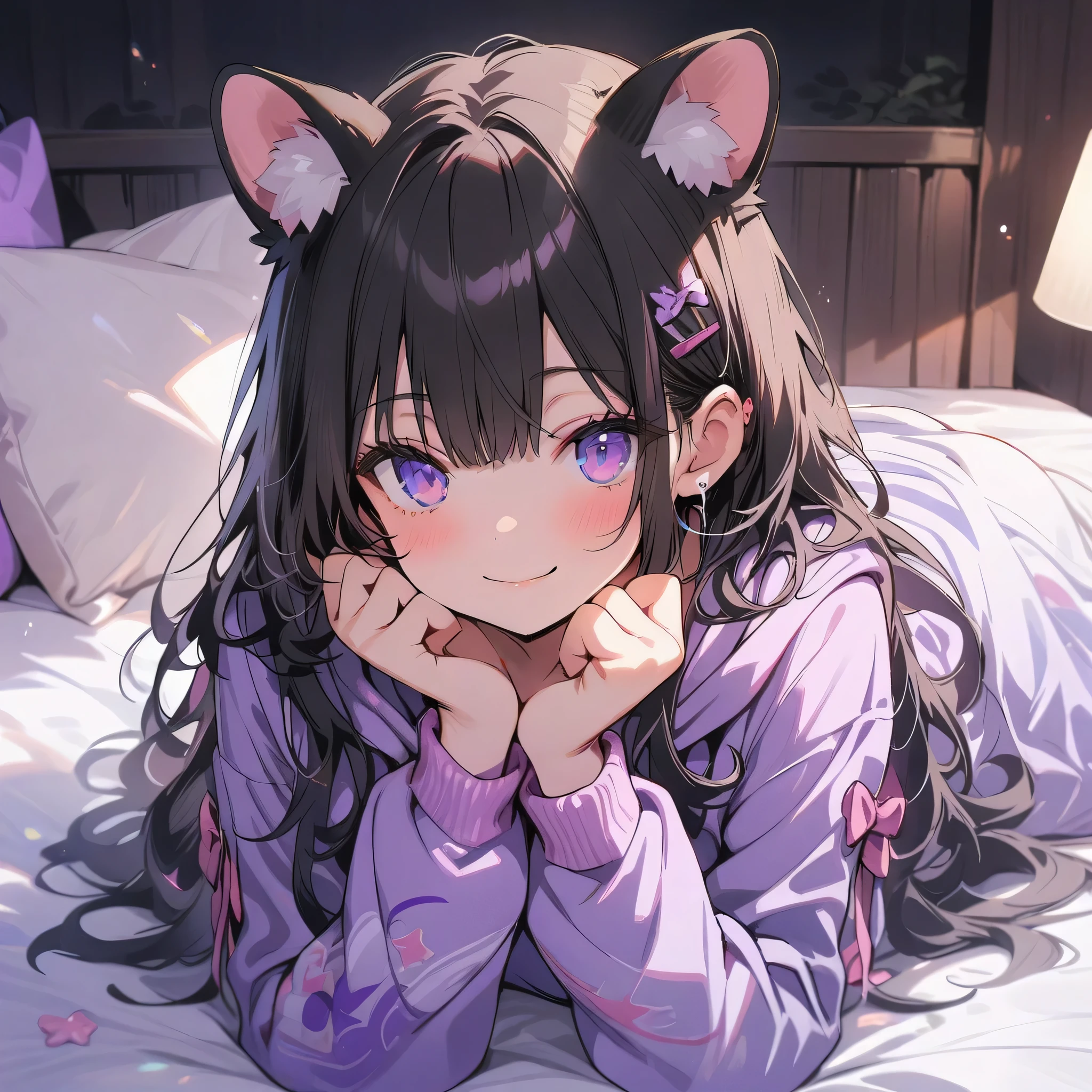 (masterpiece, best quality:1.2), 1girl, solo, bedroom, purple, purple eyes, purple hoodie, hoodie ears, hoodie on, cute short smile