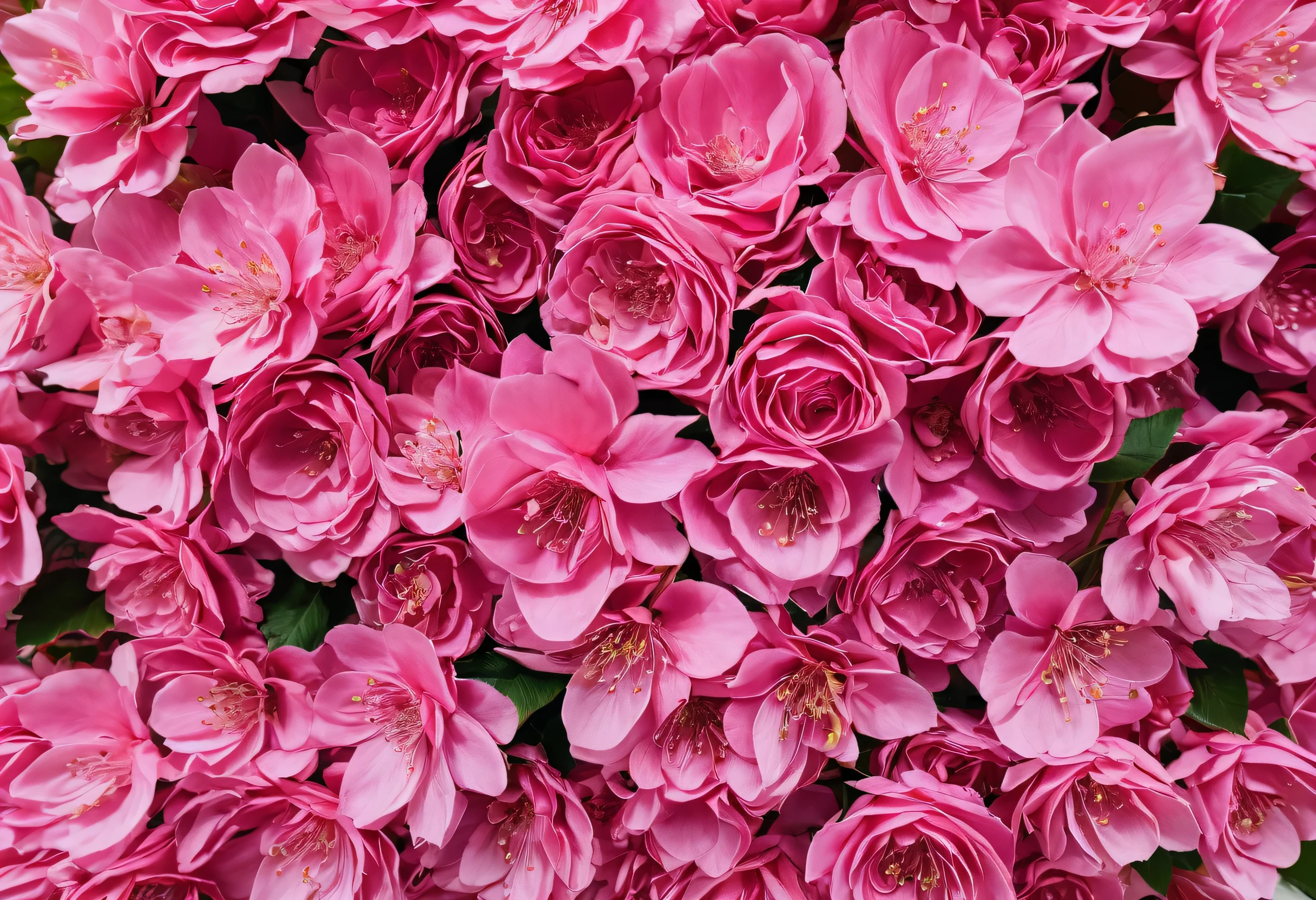 there is a large amount of Pink Flower and leaves, Color photography inspired by Rose Enriquez, Trending on Unsplash, baroque, Rose Tone, Shades of pink, Shades of pink, Pink Flower, Faded pink, detailed flowers, Pink tone, In soft pink, full of flowers, flower explosion, Made of flowers and berries, Floral Couture, pink, lots of flowers