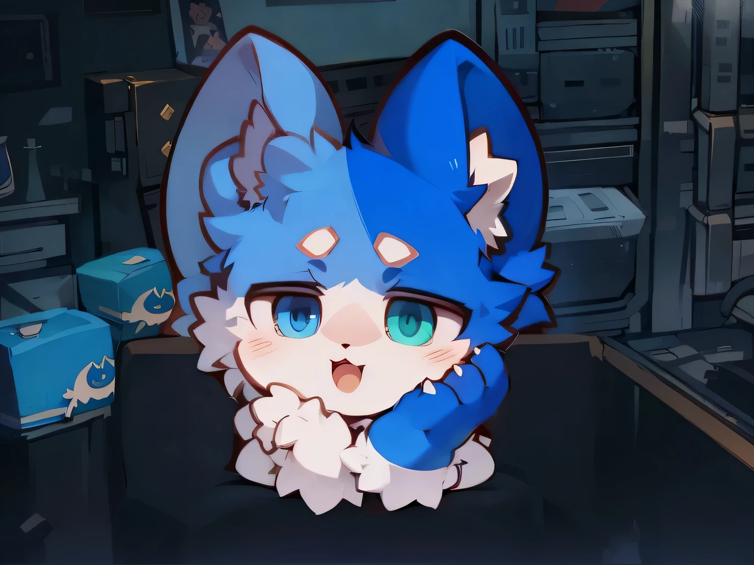 Cartoon image of a cat, Ear floating, furry affinity, furaffinity Ferson, One blue ) and huge ears, Anthropomorphic blue cat, bran affinity, chibi, furry characters, Sora looks like a cat, puffy breasts, Ferson!!!!, furry Ferson, cute characters