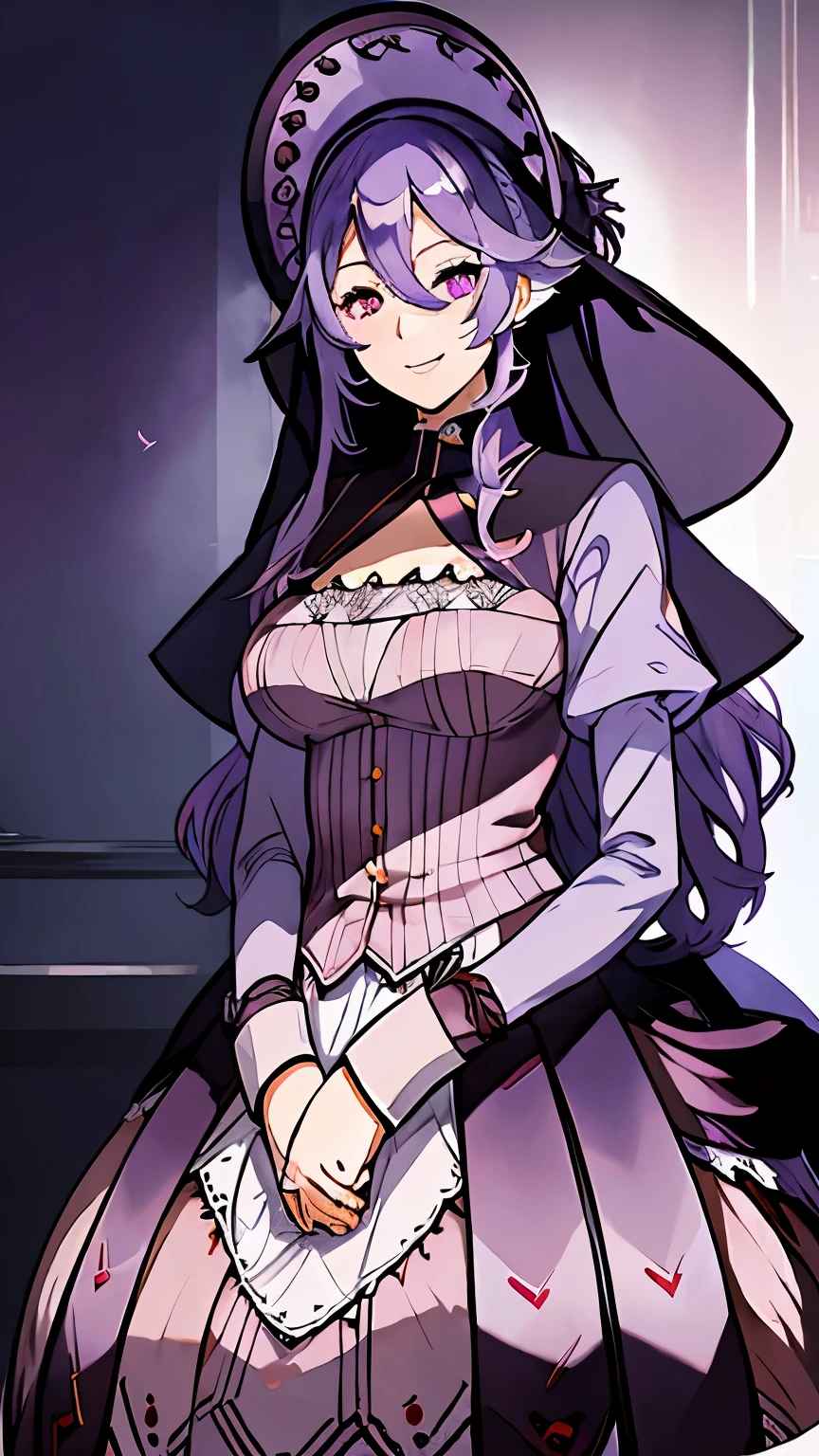 highest quality, a character portrait by Nagasawa Rosetsu, official 2d game art, pastel style, ray trace, light and shadow, Mysterious, pamela ibis, torn clothes, purple hair color, [[grin]] face, heart shaped pupils, (side glance), ruby eyes, clear eyes, dress, veil, voluptuous body, (moody lighting), deep fog