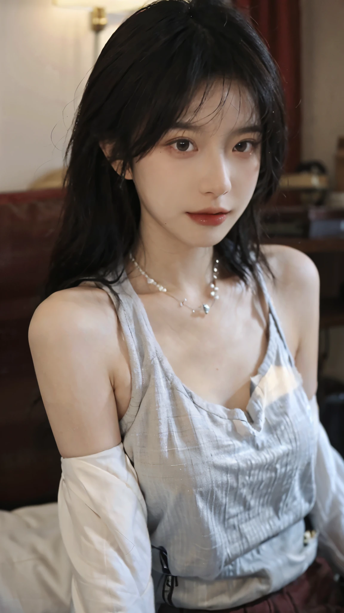 Film portrait photography, 1 girl, bare shoulders,lipstick,(flat chest:1.4), wear necklace,Cute expression,Exquisite makeup,earrings,Red suspenders,serene, calm, (Realistic and detailed eyes, natural skin texture, Realistic facial details), Soft dramatic lighting, depth of field, Bokeh, Vibrant details, Detailed and detailed, surreal, 35mm film, hazy, ,