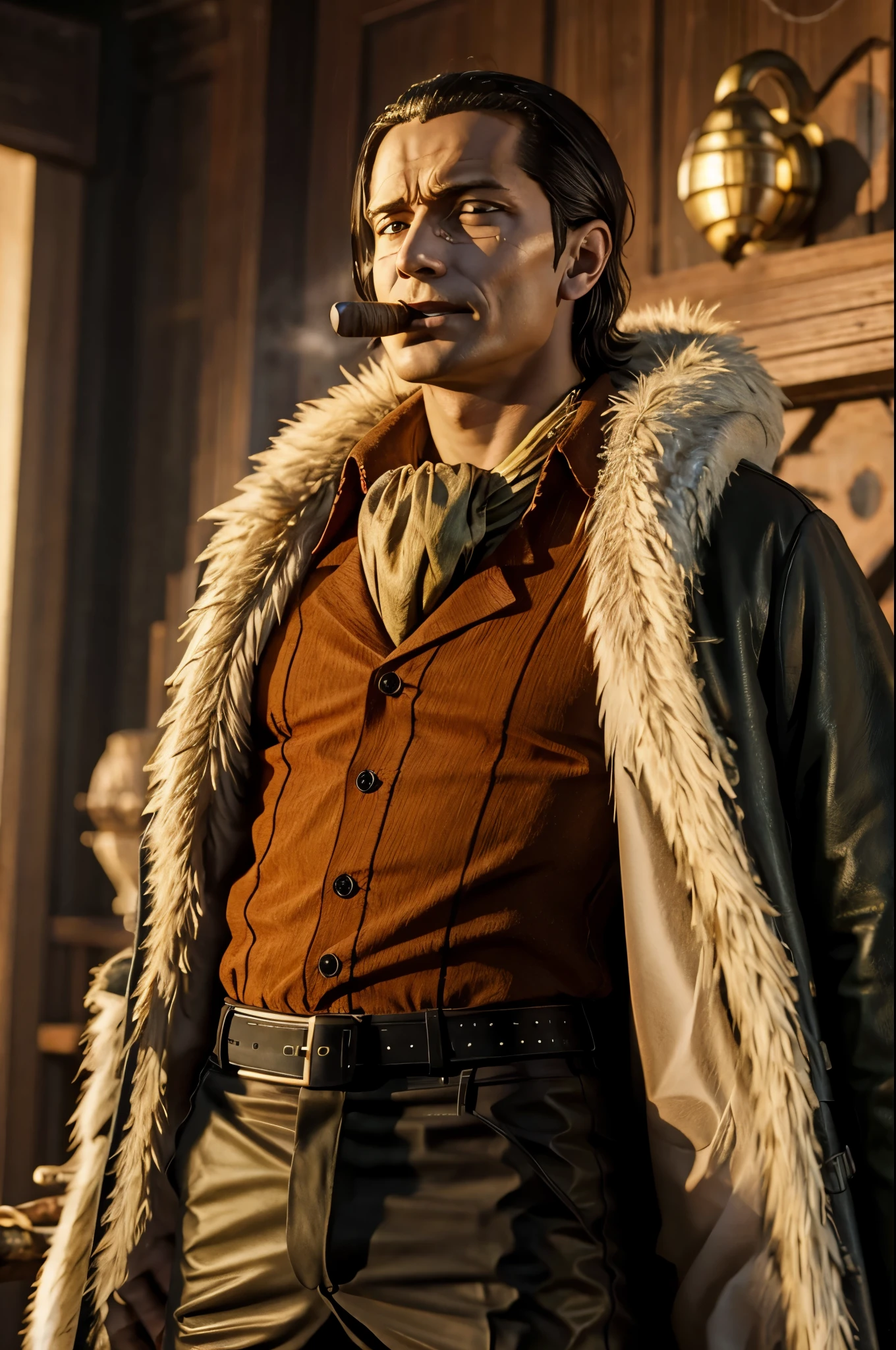 masterpiece, best quality, extremely detailed, hyperrealistic, photorealistic, a cool 40s man, ultra detailed face:1.2, fur-trimmed coat, scarf around the neck, his left hand is a golden pirate hook:1.1, cigar, office, holding a phone, talking on the phone, disdainful