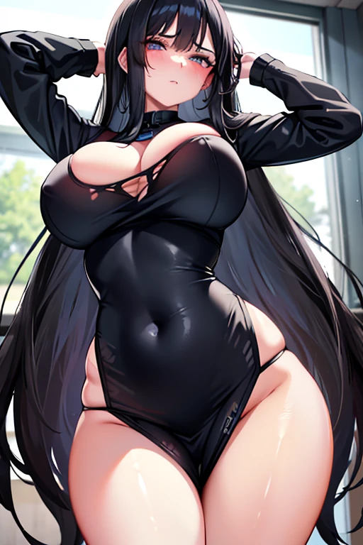 Italian girl, with very long black hair, 25 years old, hyper super gigantic and mammoth breasts, thin, has wet breasts, wears a torn tight blouse that does not contain the breasts and a pleated black miniskirt, , inside a school classroom