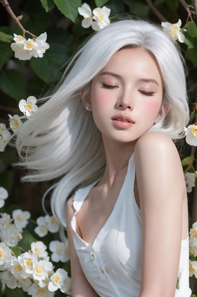 high resolution,RAW photo,photorealistic,skinny,shiny skin,detailed skin,gleaming skin,deep shadows,shading,
1 girl,white hair,flying hair,small breasts,closed eyes,
((white shirt)),
(Wind-effect:1.2),
(white flowers,white flower field,),
soft lighting film grain,film overlay,glowing effect,dim light,