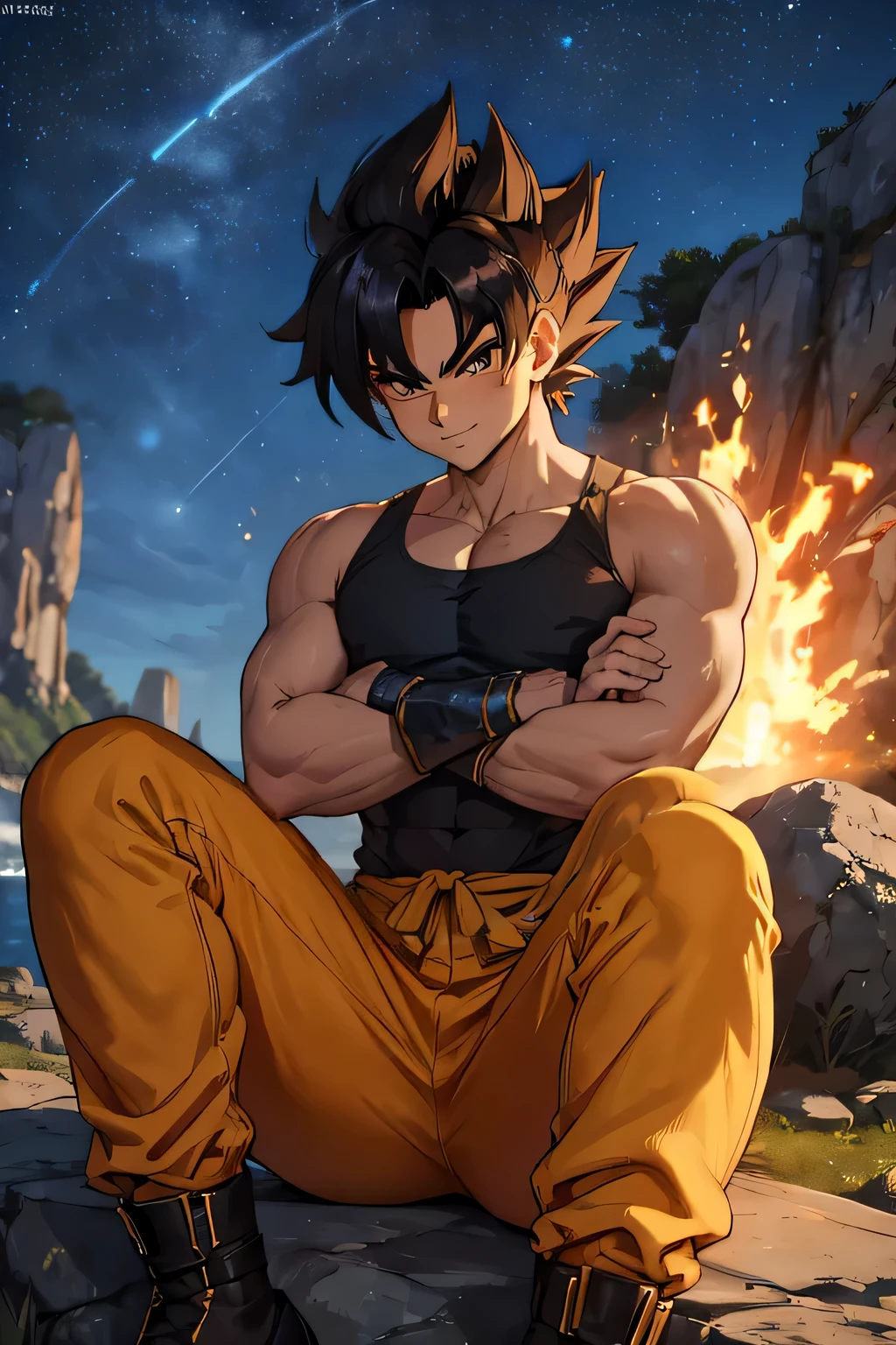 one male, Saiyan race, honey colored skin, muscular chest, large scar from left pec to right clavicle || Bulma model Saiyan armor, damaged yellow straps || outdoors, night time, rocky area, sitting on rock, purple spiky aura, starry sky, looking at camera, smirking, crossed arms, slight bruises
