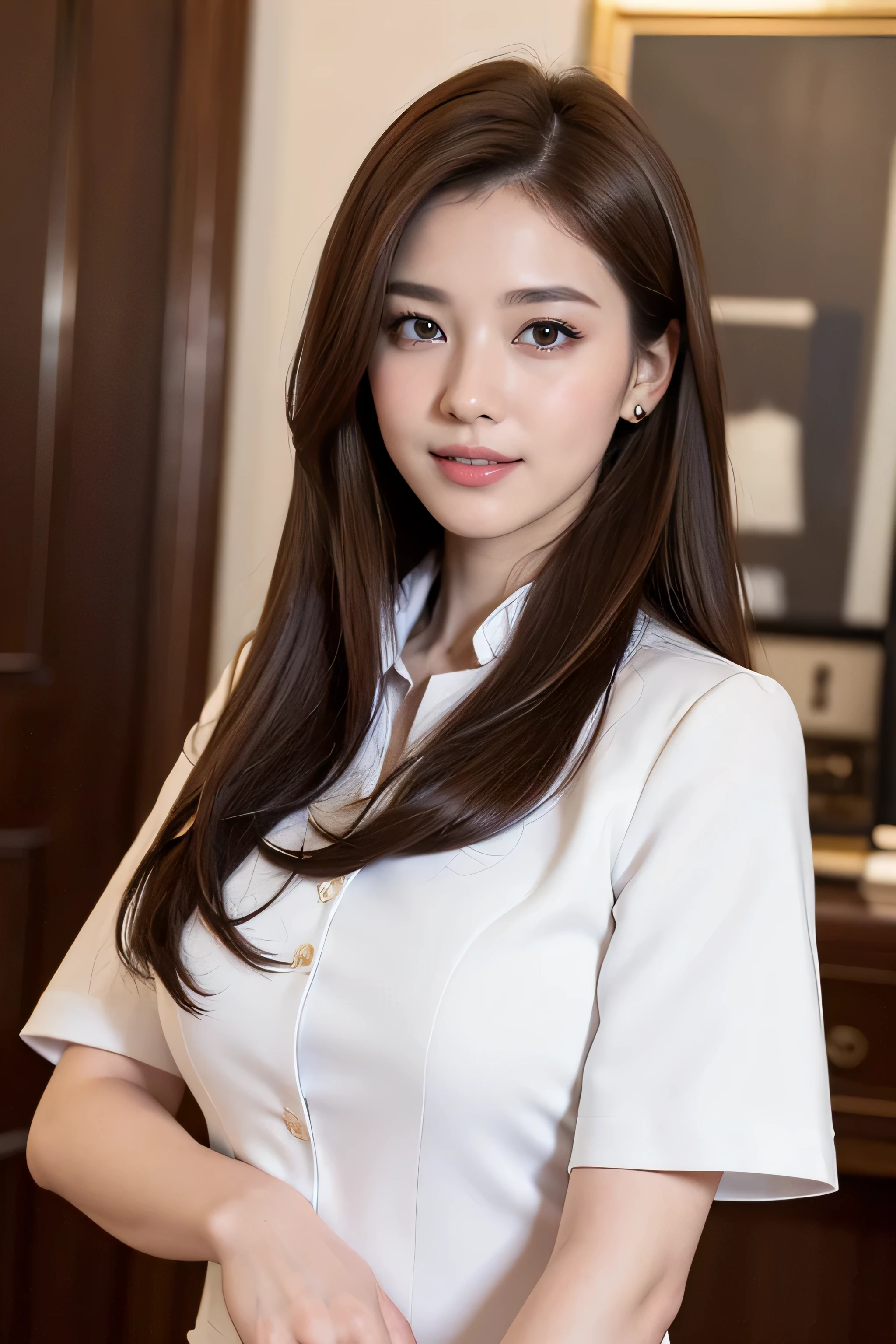highest quality, masterpiece, 8K, ultra high resolution, (realistic: 1.4), 1 girl, beautiful face, symmetrical eyes, big, perfect body proportions, ((long hair))、((brown hair)), secretary、(luxury business suits)、The viewer's gaze, (president'office、blurred background), Front view, Absolute area (1.3),friendly smile、seems kind、cowboy shot