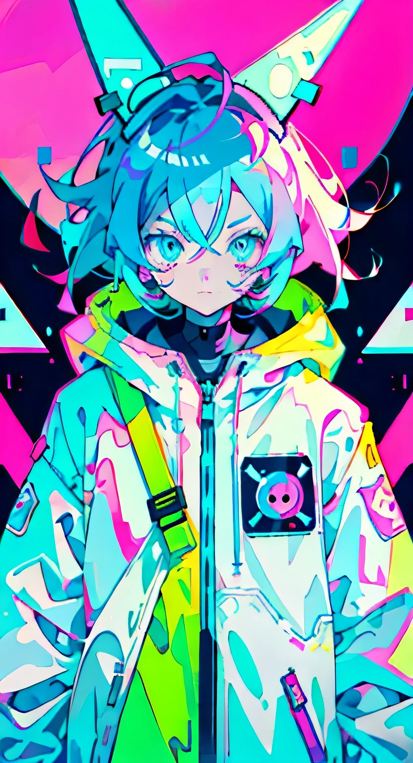 Anime girl medium hair, Wearing an astronaut suit, The eyes are glaring sharply、neon blue hair, And pink color, scar, sticker, Overall shot in neon style, Cool pose headphones