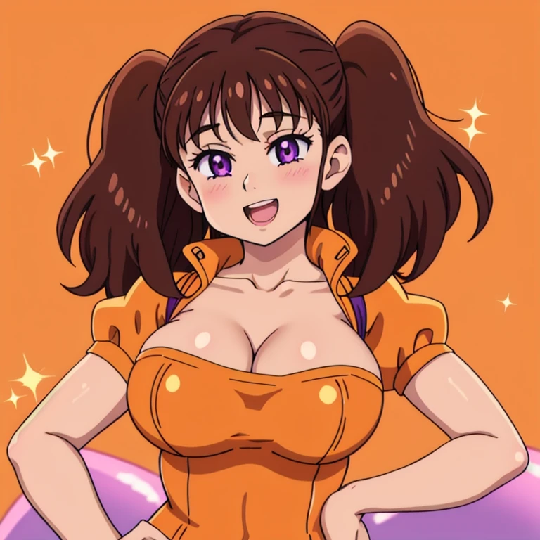 1girl, solo, purple eyes, brown hair, seven deadly sins, diane, breasts, cleavage, blush, open mouth, sparkle, orange leotard, smile, looking at viewer, short hair, huge breasts, upper body, leotard, twintails, collarbone, :d, orange background, sparkle background, puffy sleeves, long hair, gigantic breasts,  