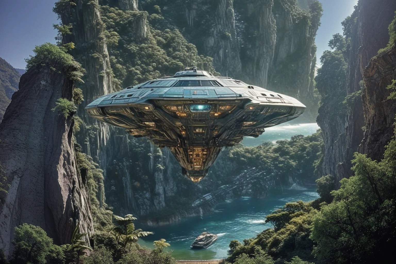 1980s photo of a Massive colossal UFO Starship hovering over a lushy canyon lake