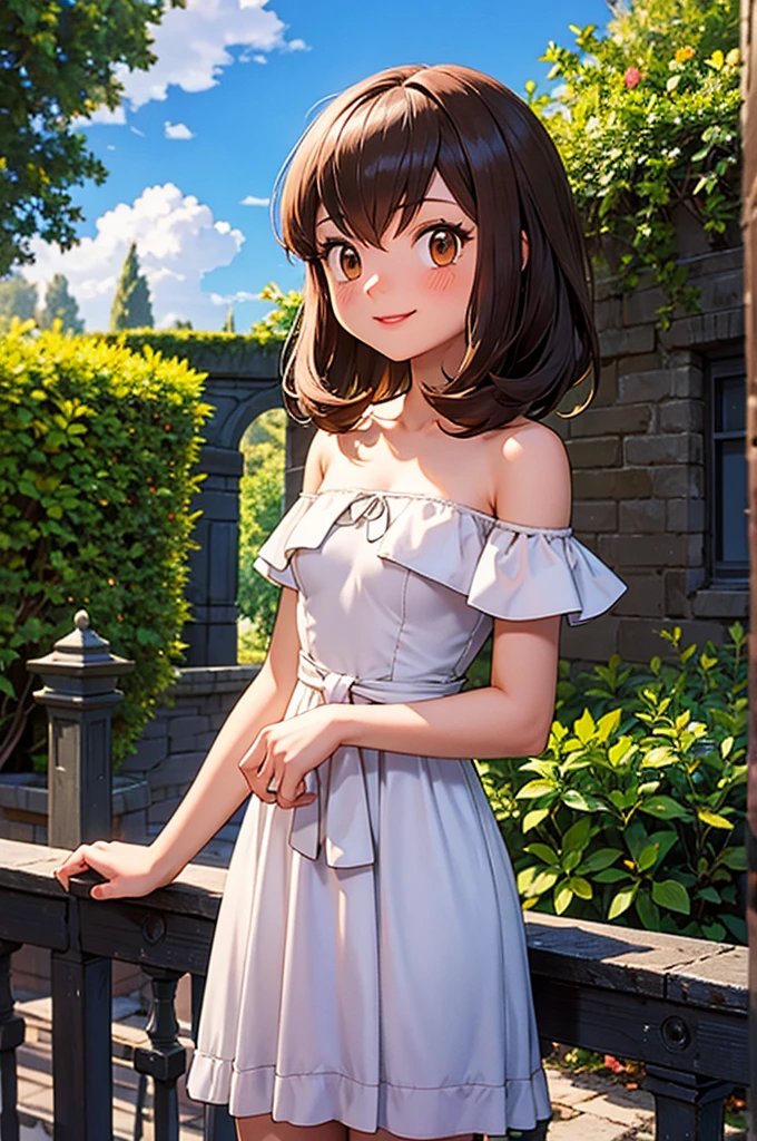 masterpiece, best quality, highres, outdoors, small breasts, 1 girl, Solo, Pokemon Heroes (Bianca), Brown Eyes, Beautiful Detail Eyes, Brown Hair, hands are down, Smile, Blushing, Bare Neck, Bare Shoulders, strapless, White Ruffle Off-the-Shoulder maxi dress. light smile, intricate details, sharp focus, high resolution, sunlight, standing on a railing, outside the Werribee Park Mansion, and a beautiful garden, cowboy shot, blue skies and clouds, cinema lighting