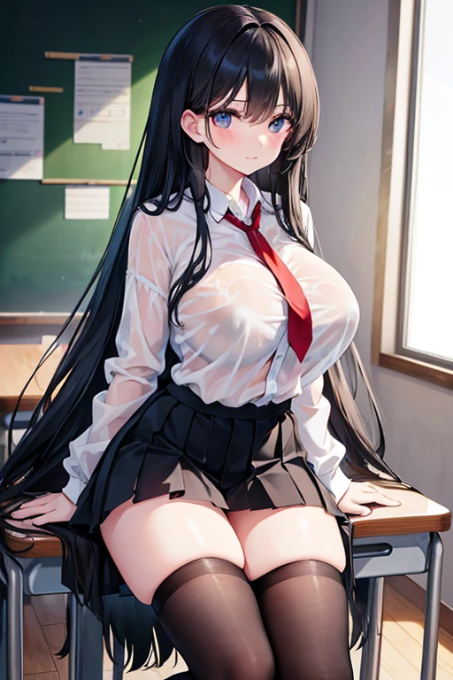Italian girl, with very long black hair, 25 years old, hyper super gigantic and mammoth breasts, thin, has wet breasts, wears a torn tight blouse that does not contain the breasts and a pleated black miniskirt, , inside a school classroom