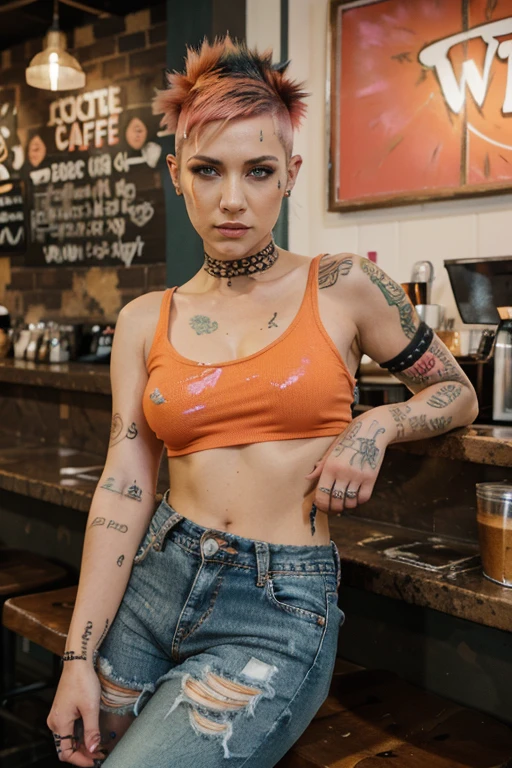 Pink & Orange Hair, Paint splattered top. fishnet sleeves, Jeans, Facial Piercings, ripped jeans, Cool Shape Shave, Multiple Ear Piercings, Mohawk-Inspired One-Side Buzz Cut. drinking a coffee,  coffee shop background,