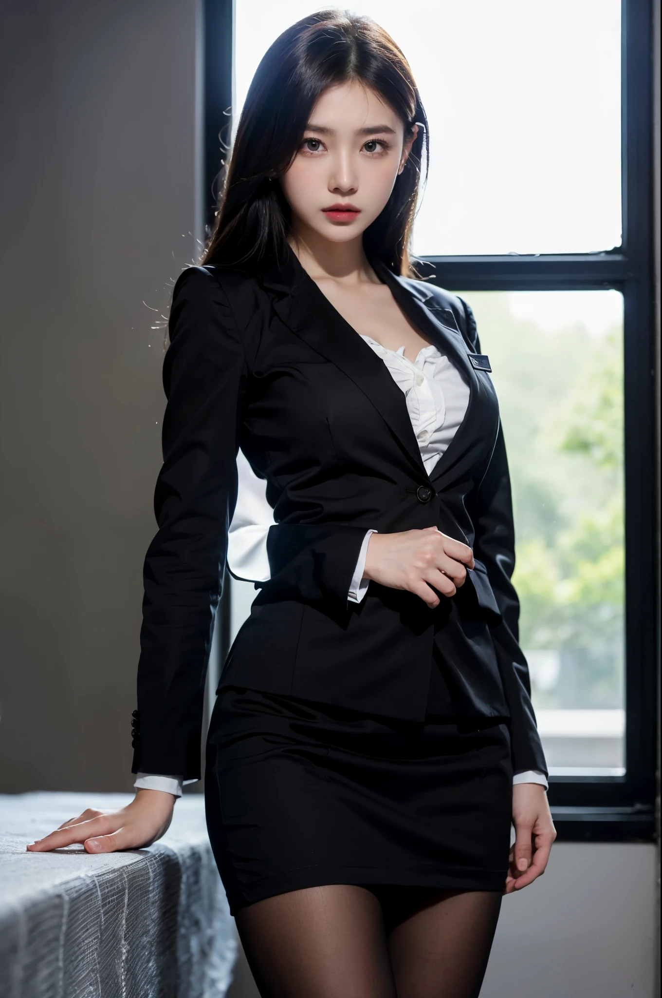 (highest quality、masterpiece、official art、High resolution:1.2)、Highly detailed CG uniform 8k wallpaper、vivid picture、super detailed、(The only girl:1.2)、woman, (high detail skin:1.2)、secretary、formal, , in a black suit, black jacket, (A white shirt with a wide open chest), black pencil skirt,( black stockings), (square glsses:1.4),