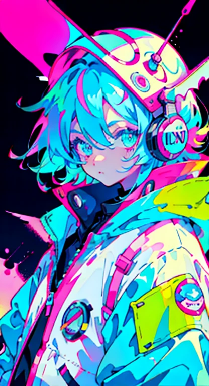 Anime girl medium hair, Wearing an astronaut suit, The eyes are glaring sharply、A devilish laugh, neon blue hair, And pink color, scar, sticker, Overall shot in neon style, Cool pose with headphones