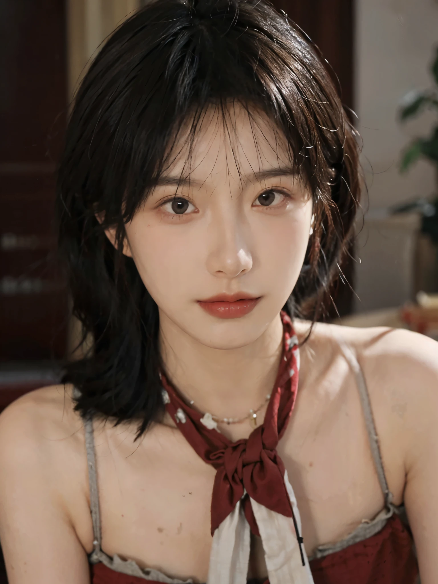 Film portrait photography, 1 girl, bare shoulders,lipstick,(flat chest:1.4), meatball head, wear necklace,Cute expression,Exquisite makeup,earrings,hairpin,Red suspenders,serene, calm, (Realistic and detailed eyes, natural skin texture, Realistic facial details), Soft dramatic lighting, depth of field, Bokeh, Vibrant details, Detailed and detailed, surreal, 35mm film, hazy, ,