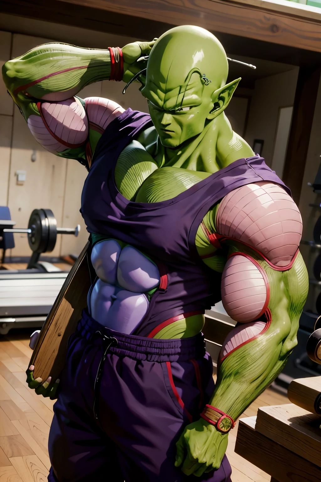 masterpiece, best quality, realistic, photorealistic, 8k,piccolo, 1boy, male focus, solo, standing,fitness clothes, holding heavy dumbells, pointy ears,(purple dougi), green skin, oni horns, purple pants, closed mouth, looking at viewer, ((bald)),arms at sides,pink patches,gym in backgroubd