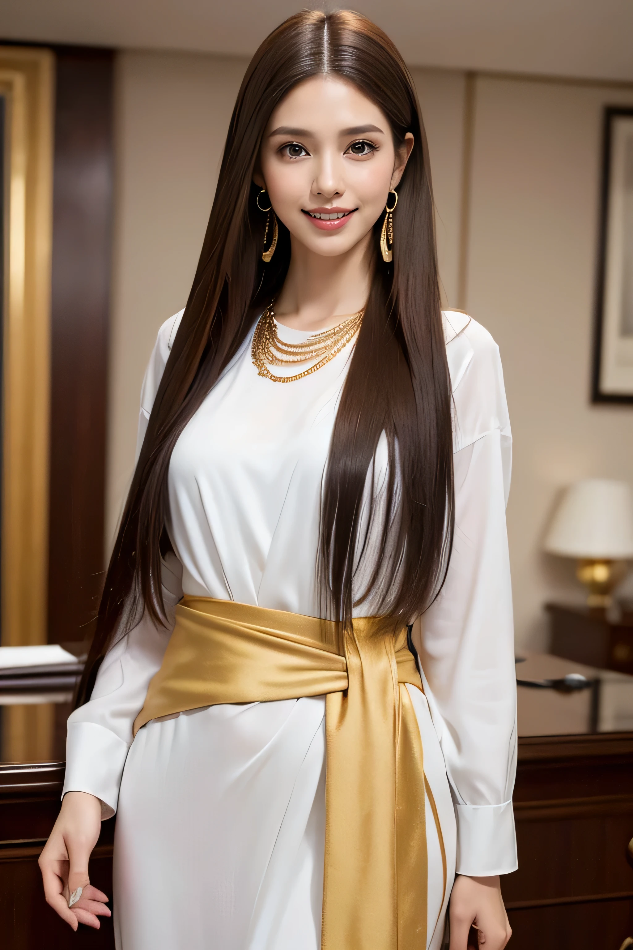 highest quality, masterpiece, 8K, ultra high resolution, (realistic: 1.4), 1 girl, beautiful face, symmetrical eyes, big, perfect body proportions, ((long hair))、((brown hair)), secretary、(luxury business suits)、The viewer's gaze, (president'office、blurred background), Front view, Absolute area (1.3),friendly smile、seems kind、cowboy shot,((shy smile:1.3)),((gold necklace_Large earrings:1.2)),((Long straight hair_Hair reaching down to the waist:1.3))