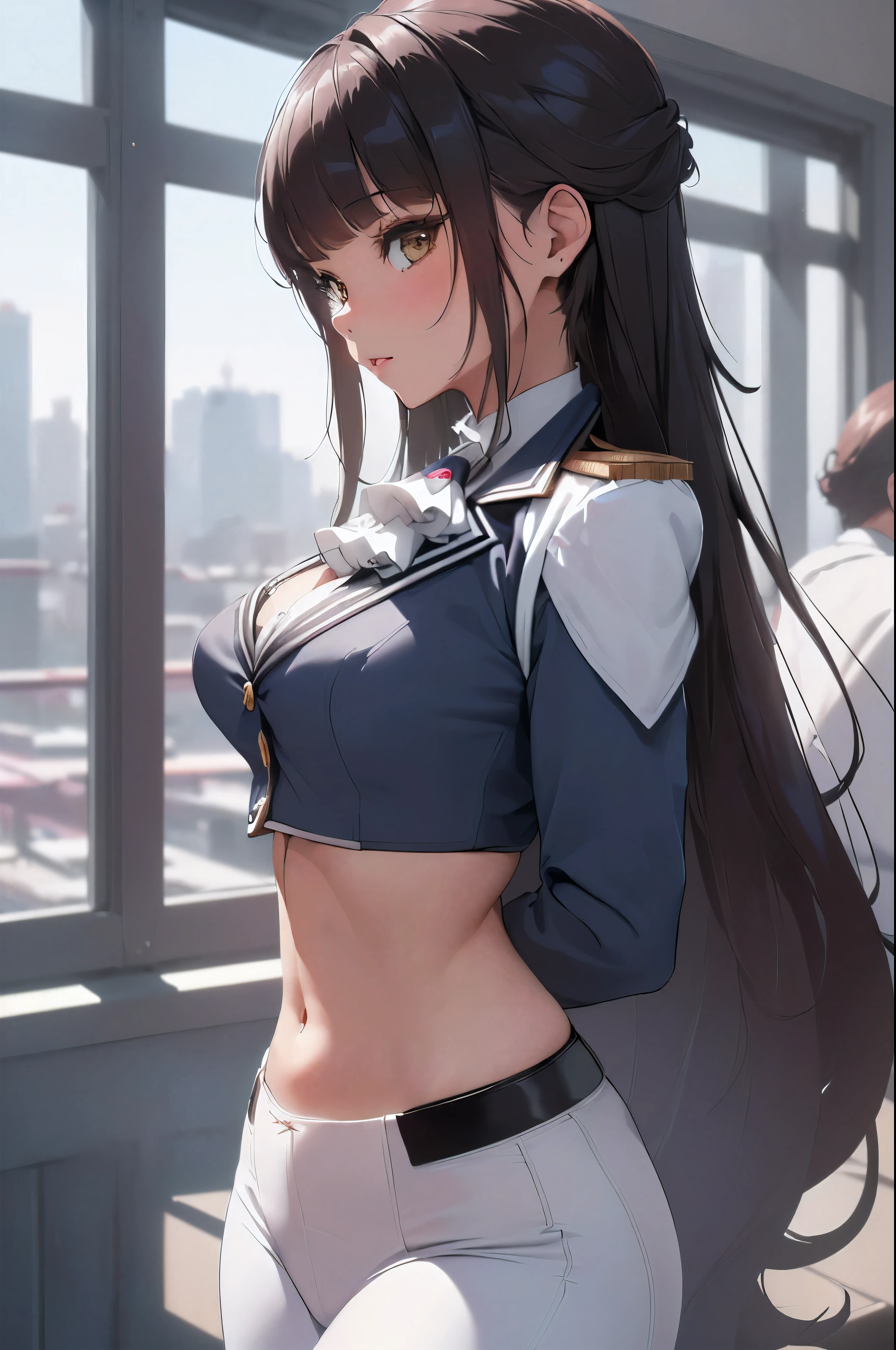 (best quality,absurd res:1.3),(illustration:1.1),perfect lighting,beautiful face,1girl,(bokeh photography:1.1),looking at viewer,(From side:1.2),city,arms behind back,
marciana, jacket, epaulettes, ascot, crop top, midriff, navel, white pants, white gloves, very long hair,