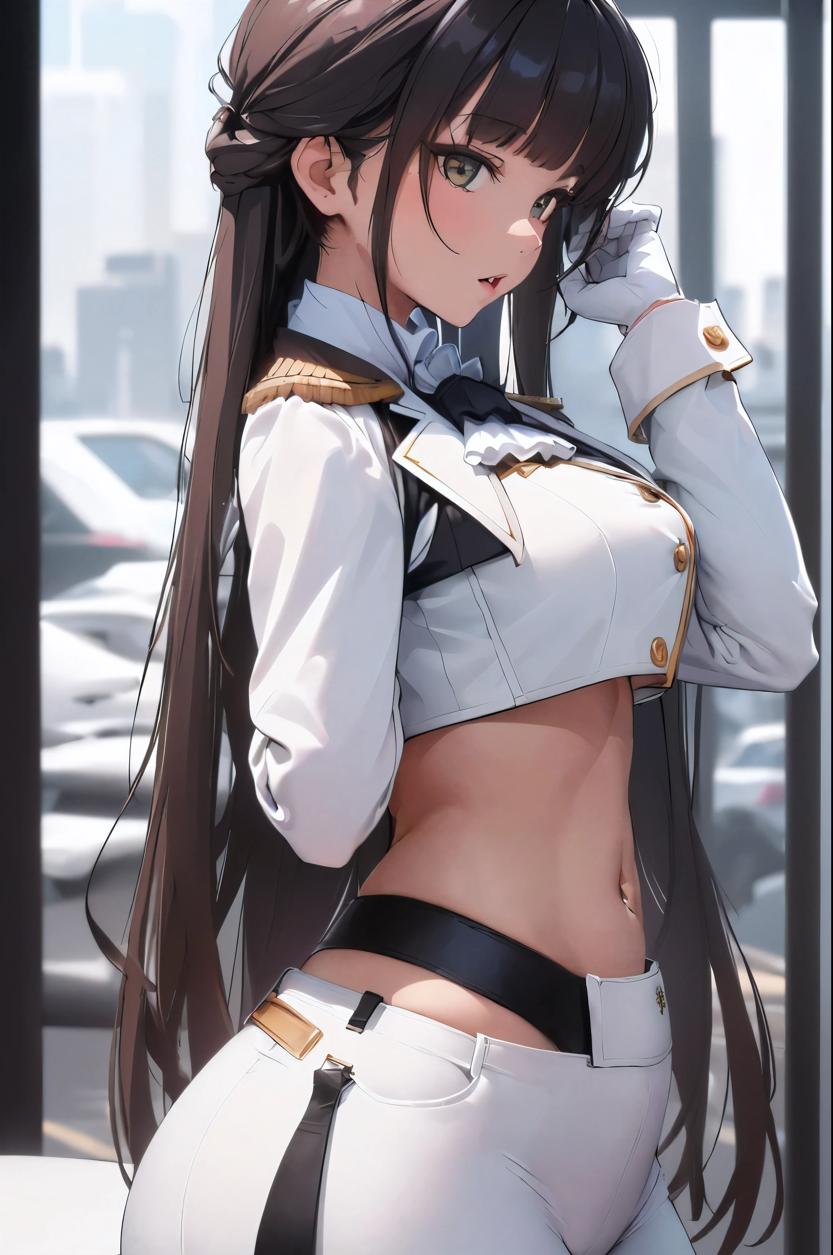 (best quality,absurd res:1.3),(illustration:1.1),perfect lighting,beautiful face,1girl,(bokeh photography:1.1),looking at viewer,(From side:1.2),city,arms behind back,
marciana, jacket, epaulettes, ascot, crop top, midriff, navel, white pants, white gloves, very long hair,