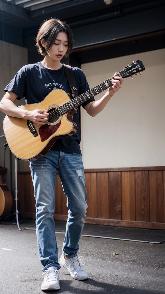 Westernerale、white shirt、denim pants、play the guitar