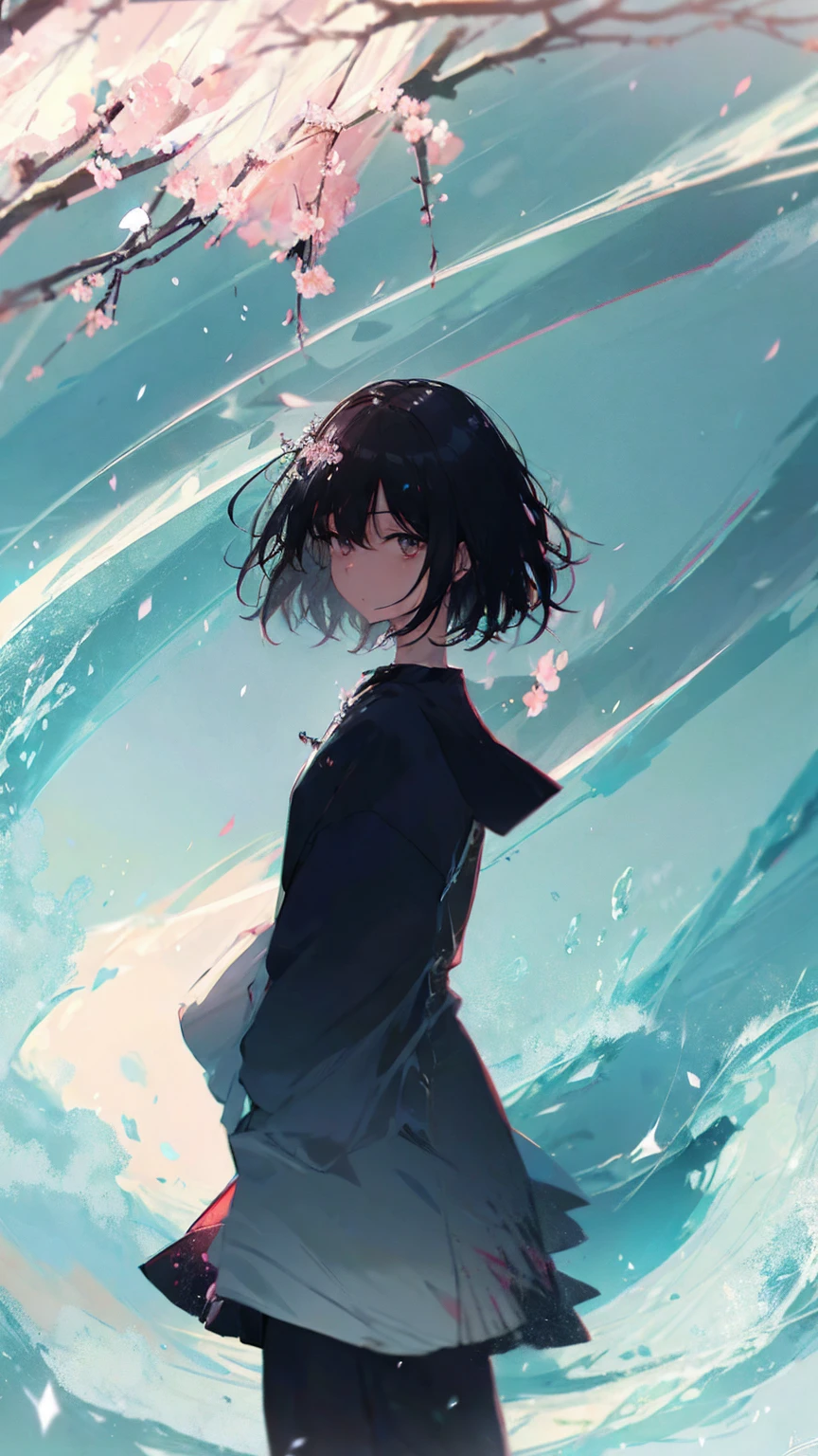 Product illustration for Girl in the Wind,cherry blossoms,water中で,water,black hair,short bob,white skin,Pale complexion,Light skin tone,face forward,Are standing